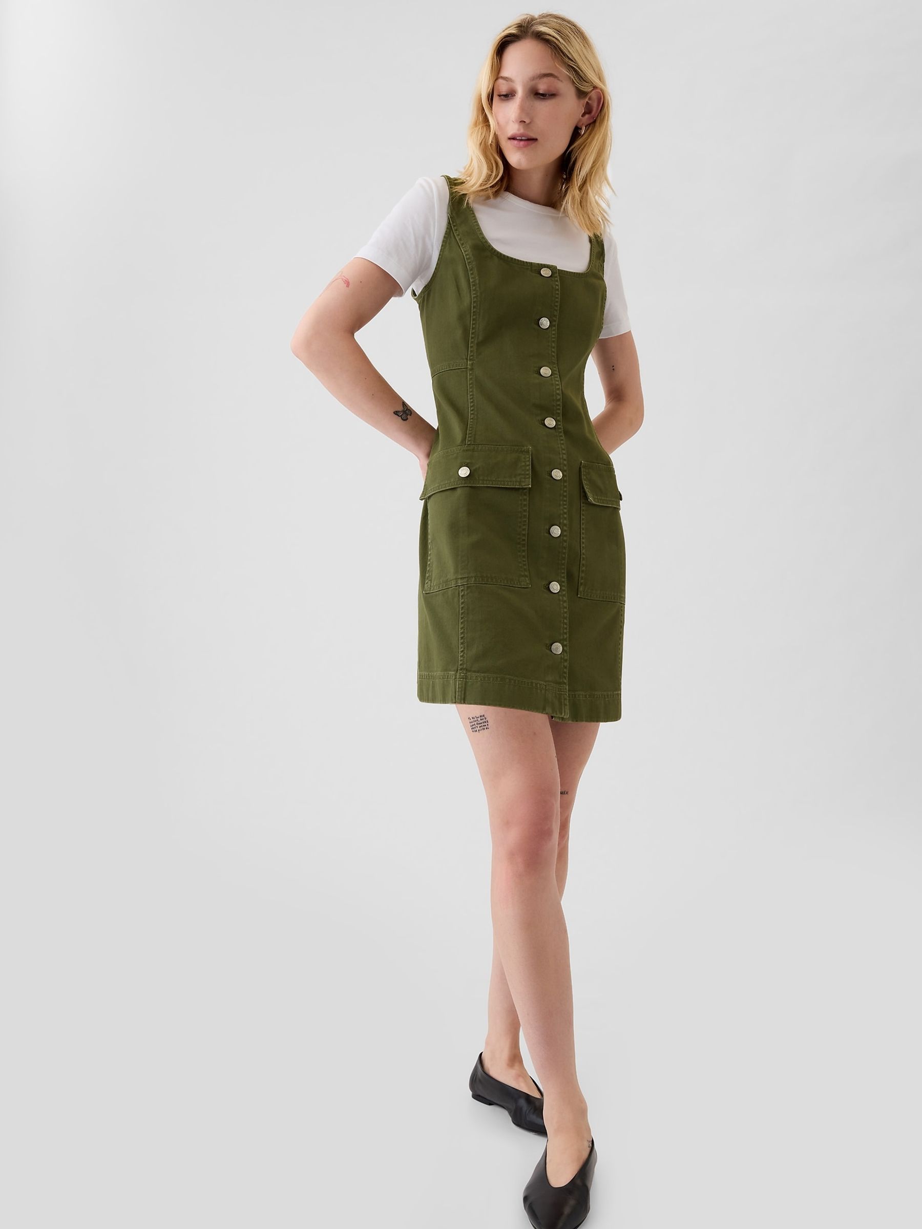Green Utility Button Mini Dress - Image 3 of 5