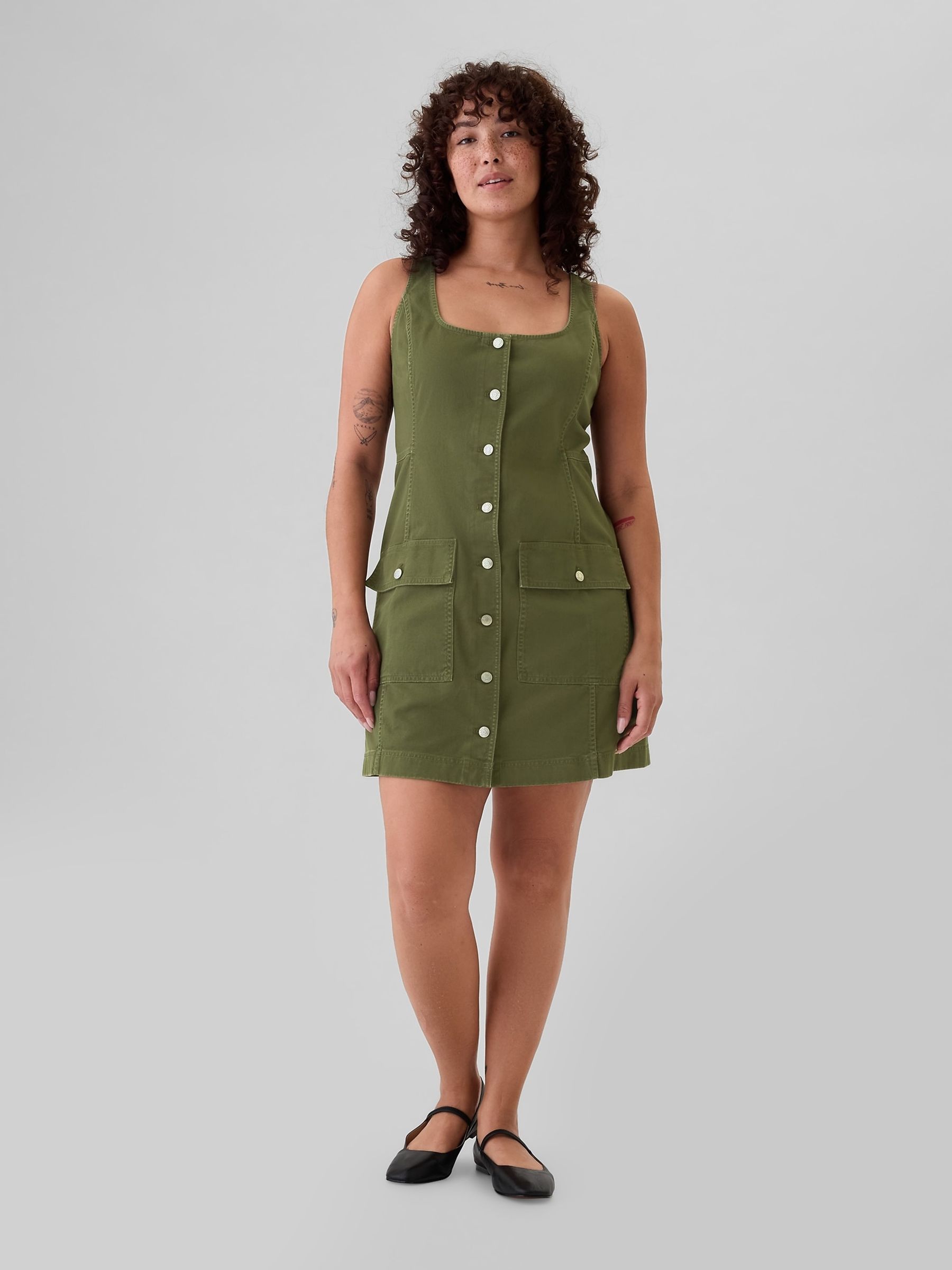 Green Utility Button Mini Dress - Image 4 of 5