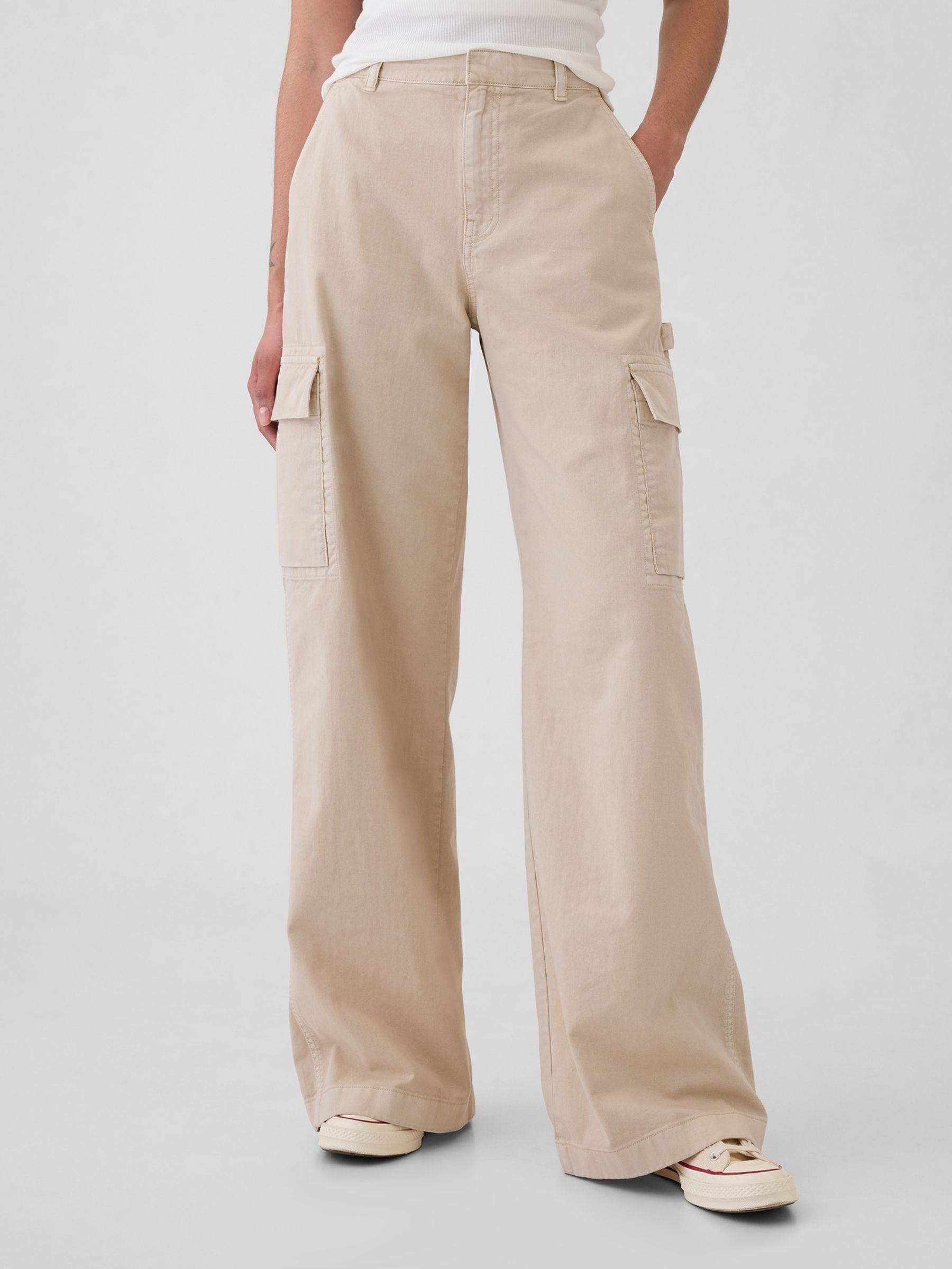 Beige Mid Rise Cotton Baggy Cargo Trousers - Image 2 of 6