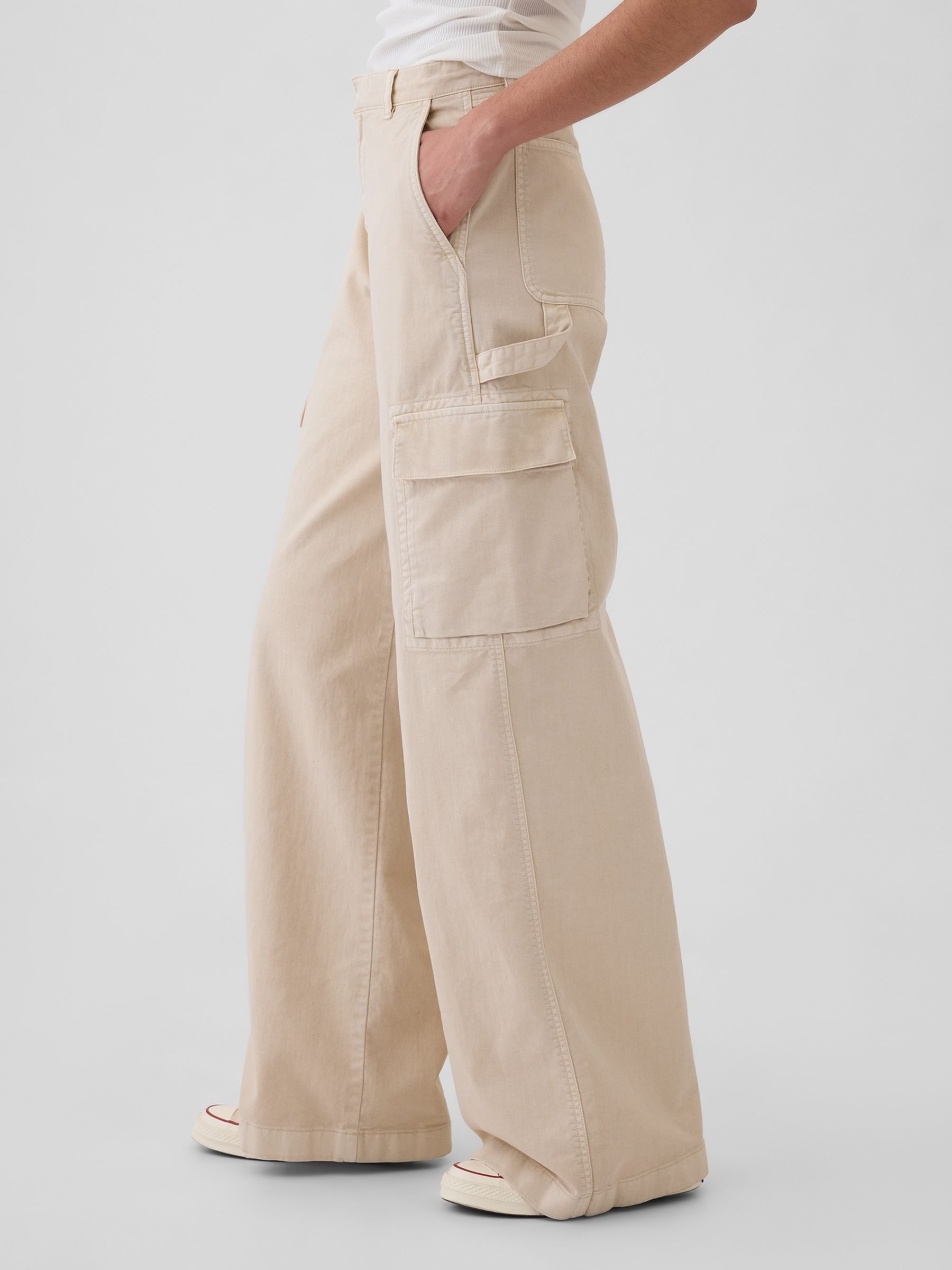 Beige Mid Rise Cotton Baggy Cargo Trousers - Image 4 of 6