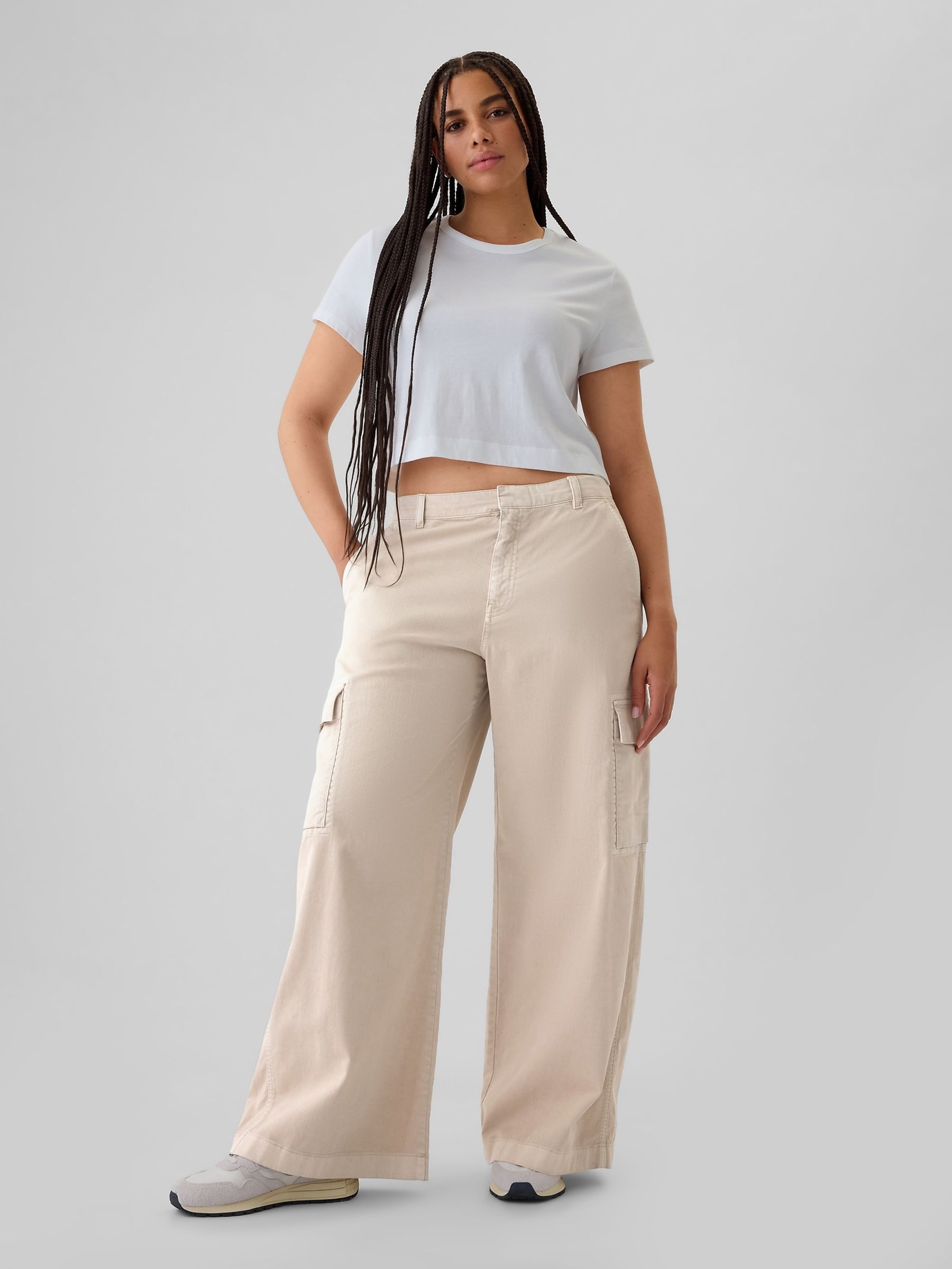 Beige Mid Rise Cotton Baggy Cargo Trousers - Image 5 of 6
