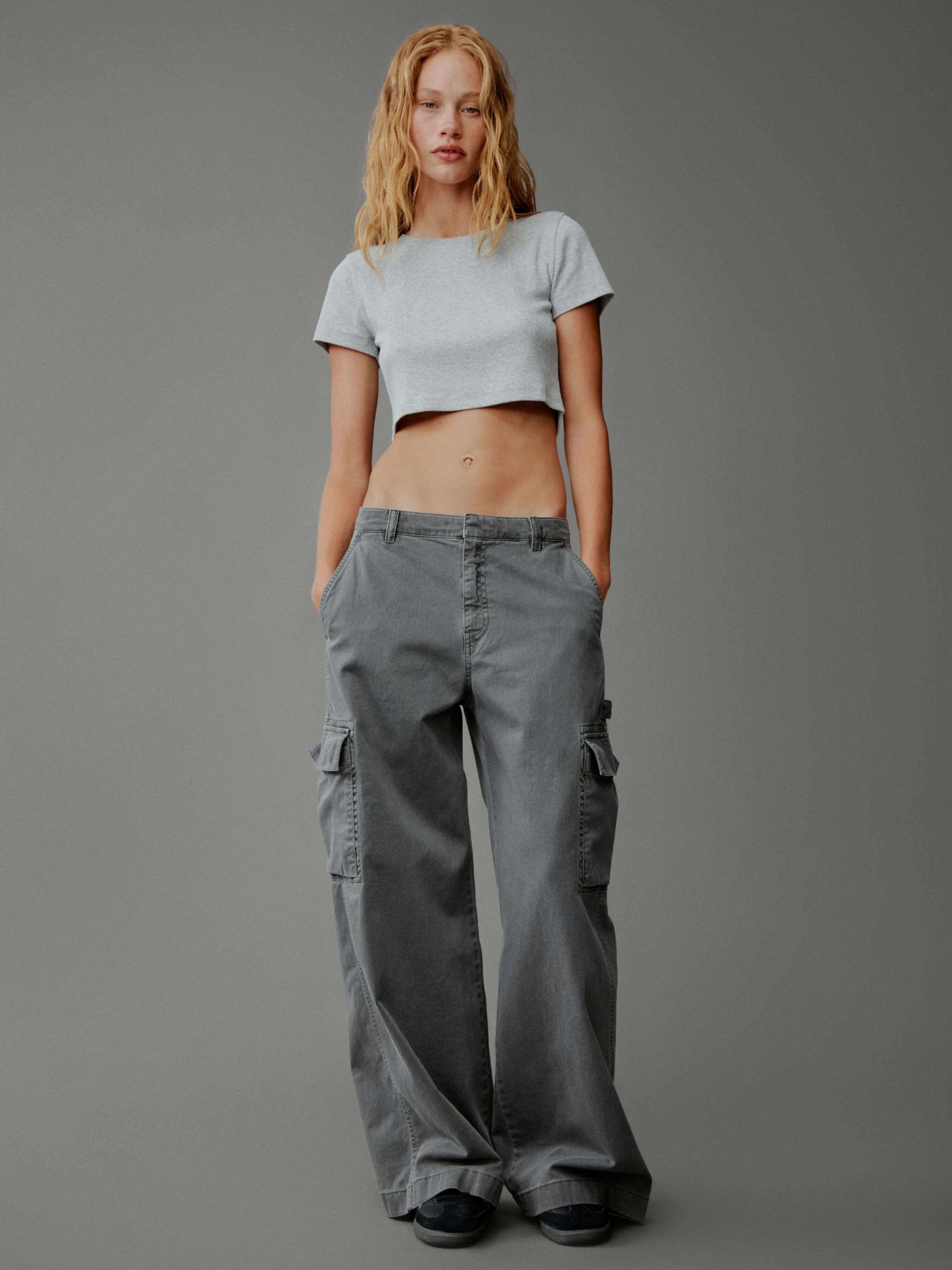 Grey Mid Rise Cotton Baggy Cargo Trousers - Image 1 of 8