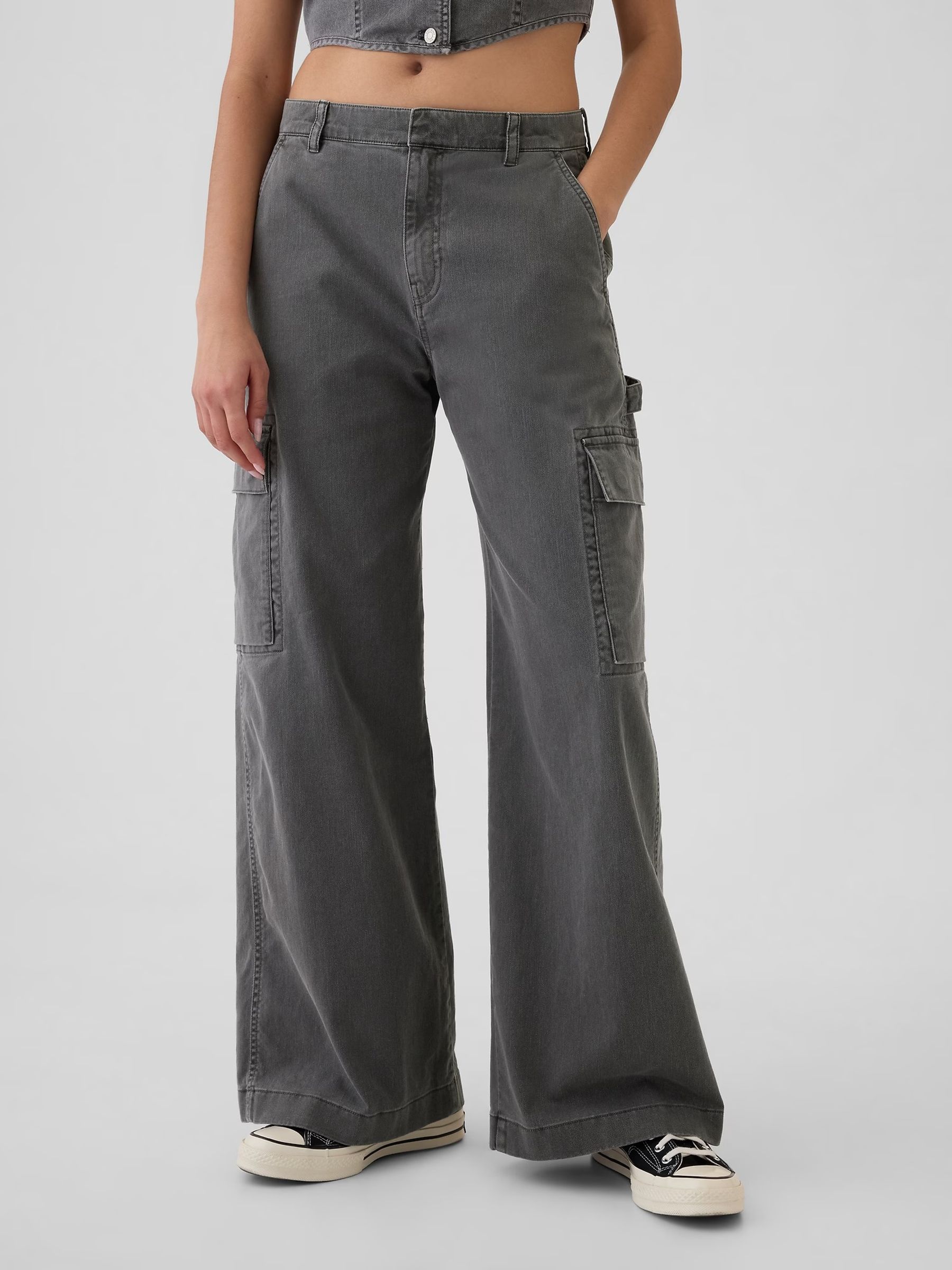 Grey Mid Rise Cotton Baggy Cargo Trousers - Image 3 of 8