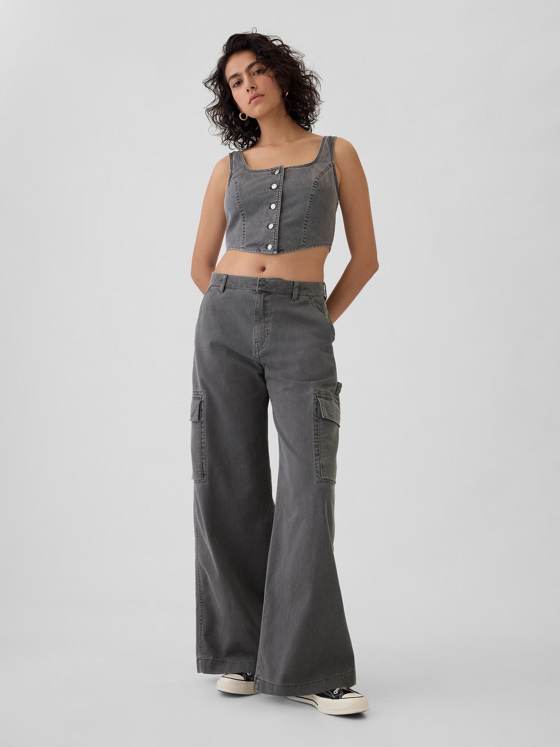 Grey Mid Rise Cotton Baggy Cargo Trousers - Image 4 of 8
