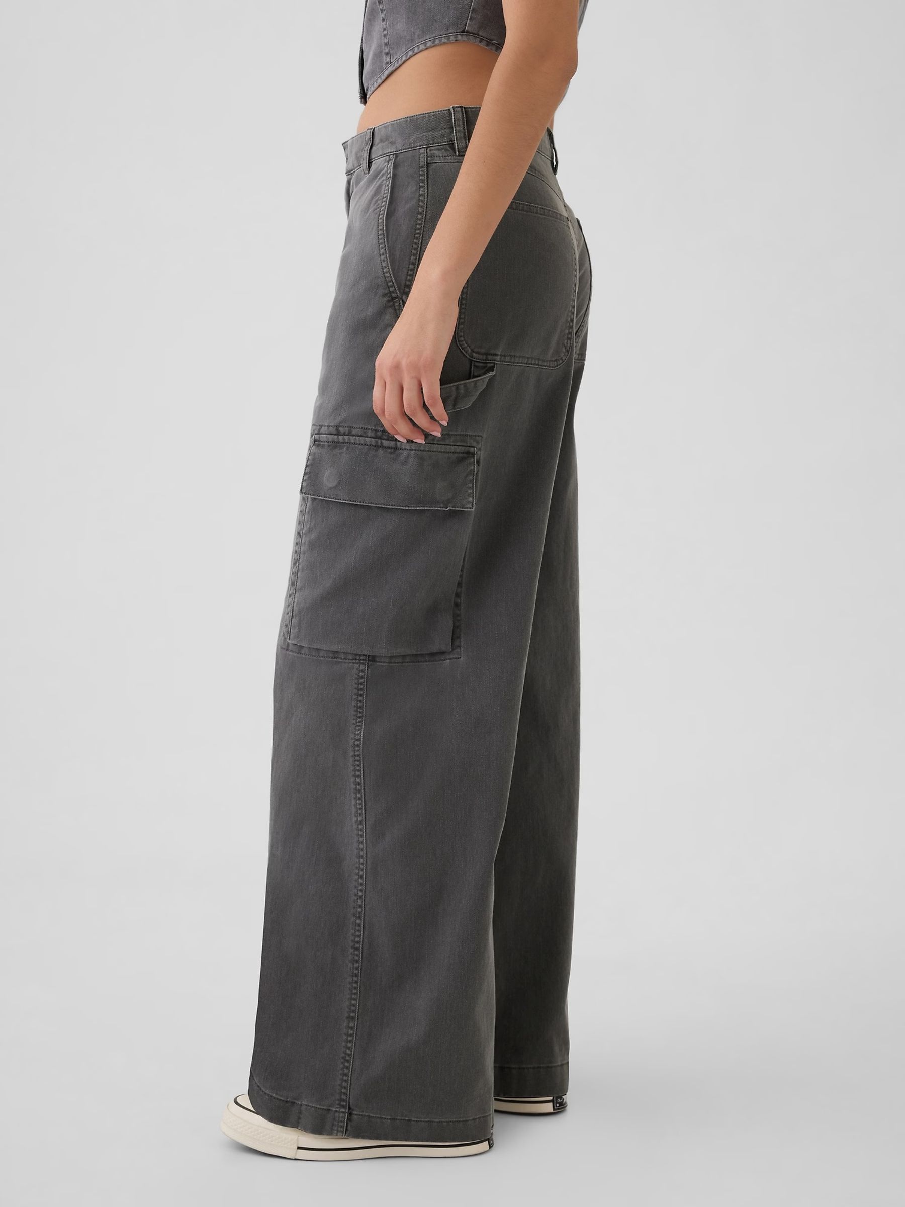 Grey Mid Rise Cotton Baggy Cargo Trousers - Image 7 of 8