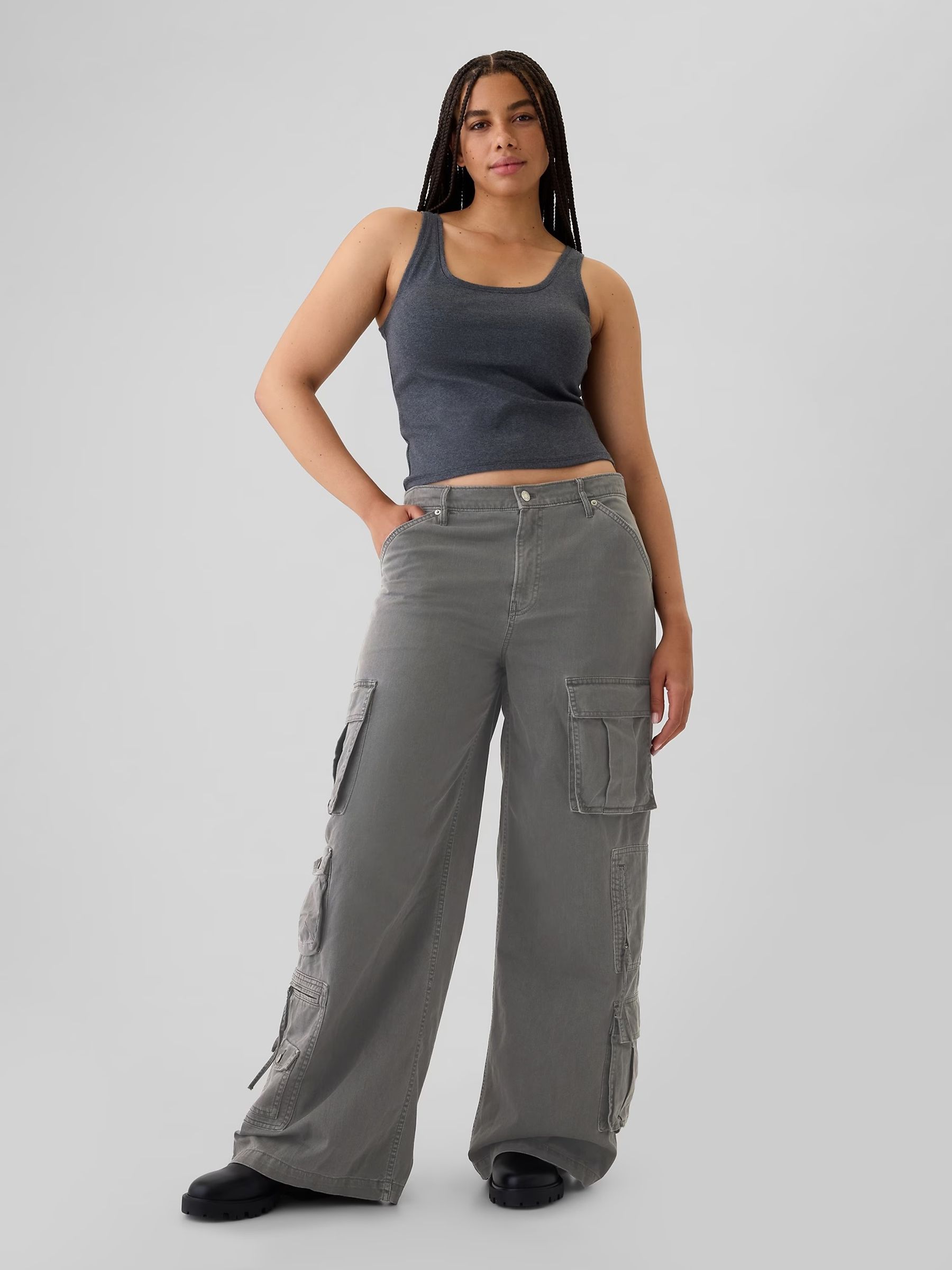 Grey Mid Rise Cotton Baggy Cargo Trousers - Image 8 of 8