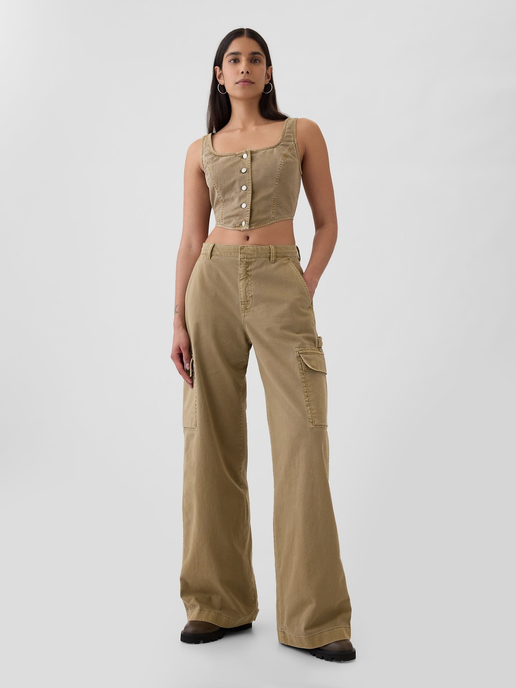 Brown Mid Rise Cotton Baggy Cargo Trousers - Image 4 of 6