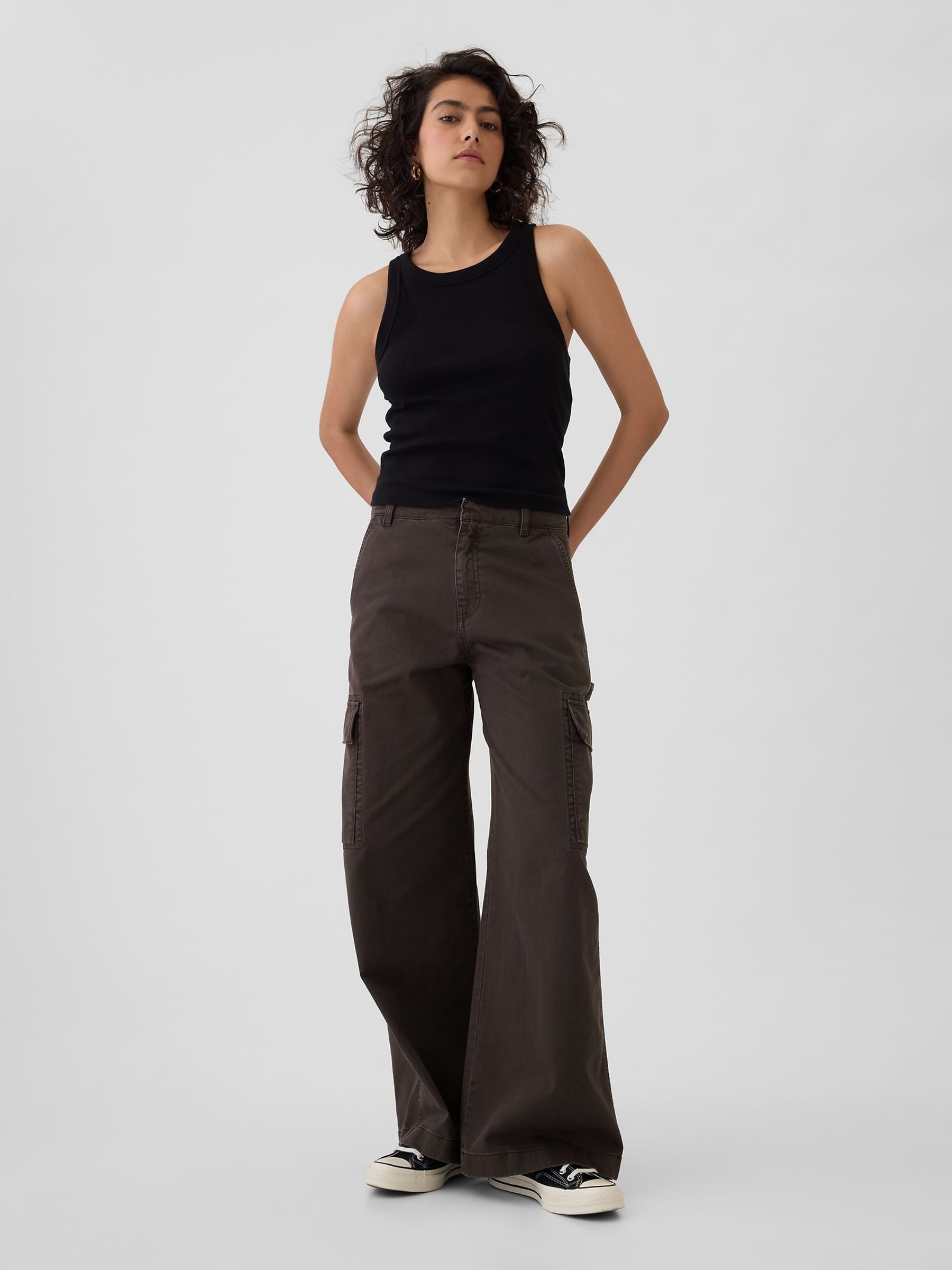Dark Brown Mid Rise Cotton Baggy Cargo Trousers - Image 1 of 1