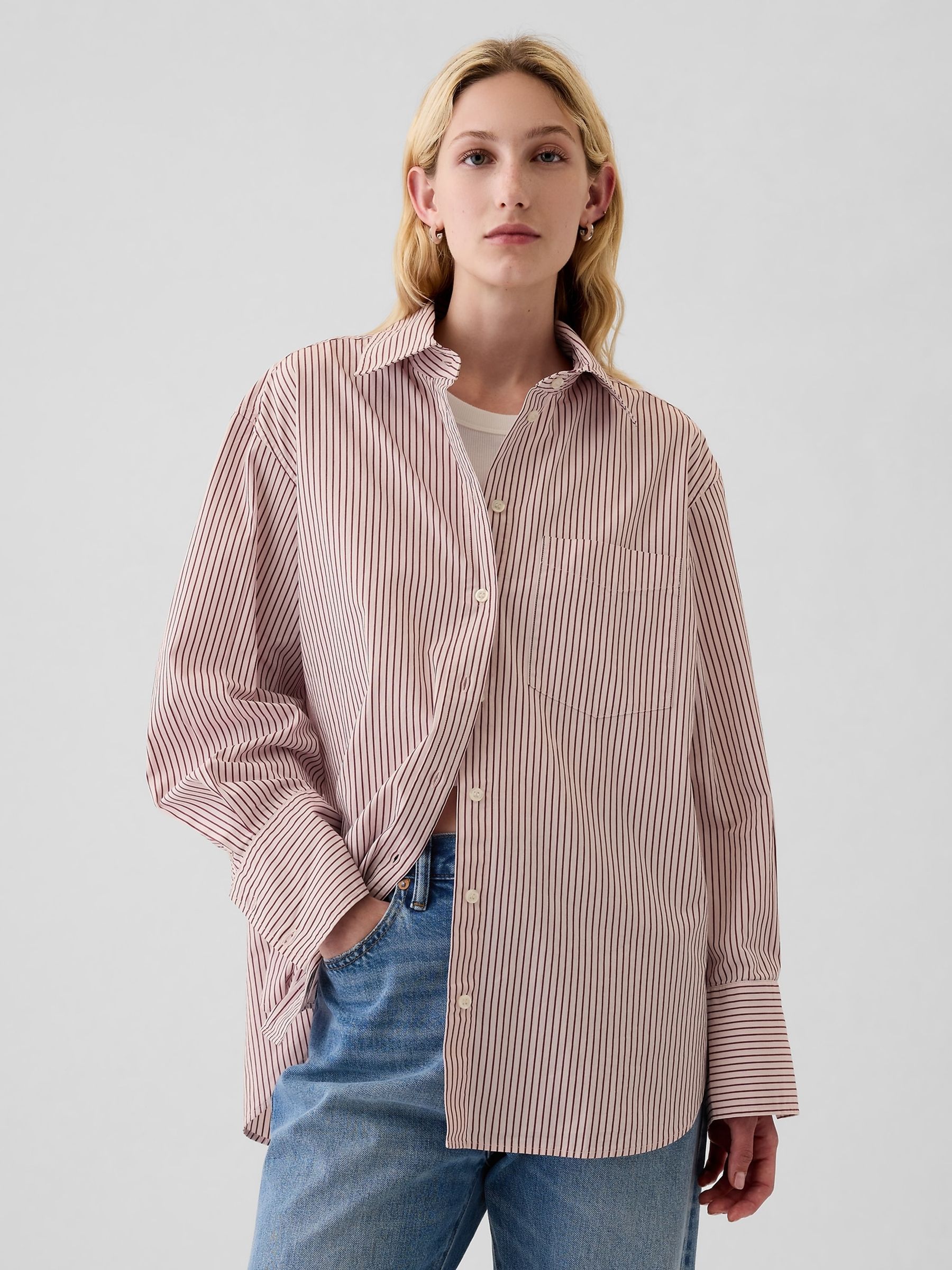 Red Cotton Oversized Stripe Shirt - Image 1 of 5