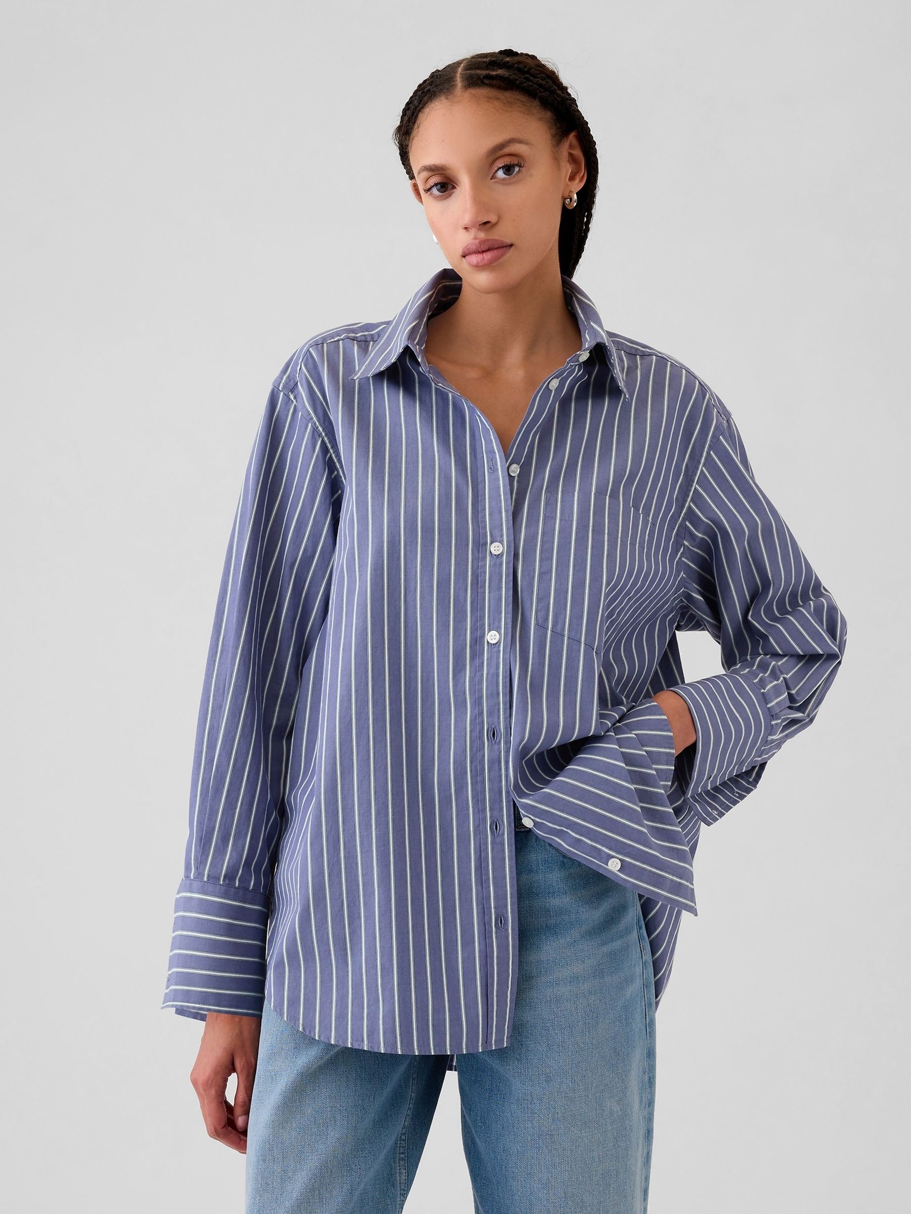 Blue Stripe Cotton Oversized Stripe Shirt - Image 1 of 8