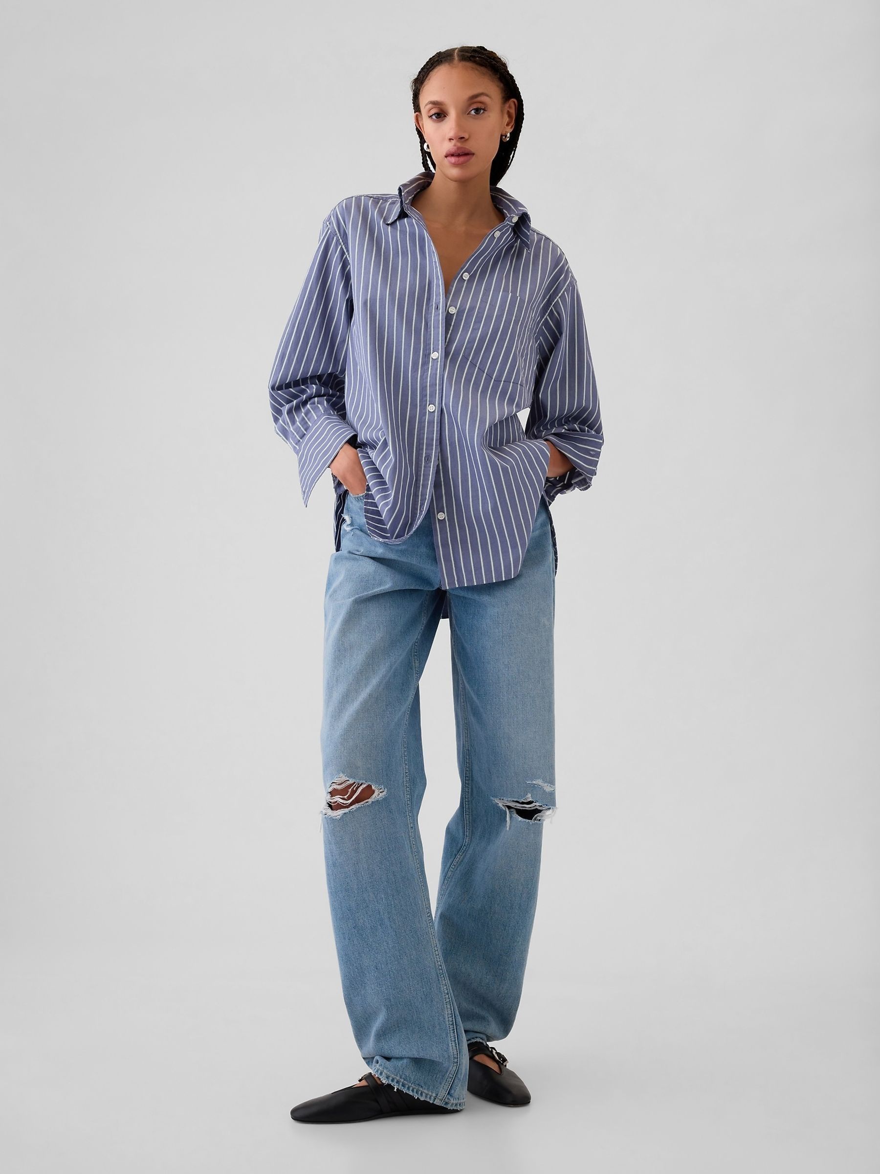 Blue Stripe Cotton Oversized Stripe Shirt - Image 3 of 8