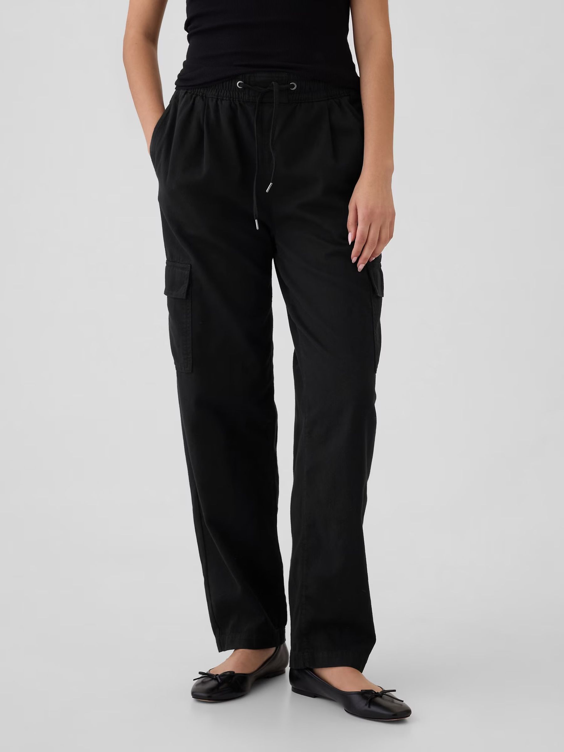 Black Pull On Soft Twill Tapered Cargo Trousers - Image 2 of 5