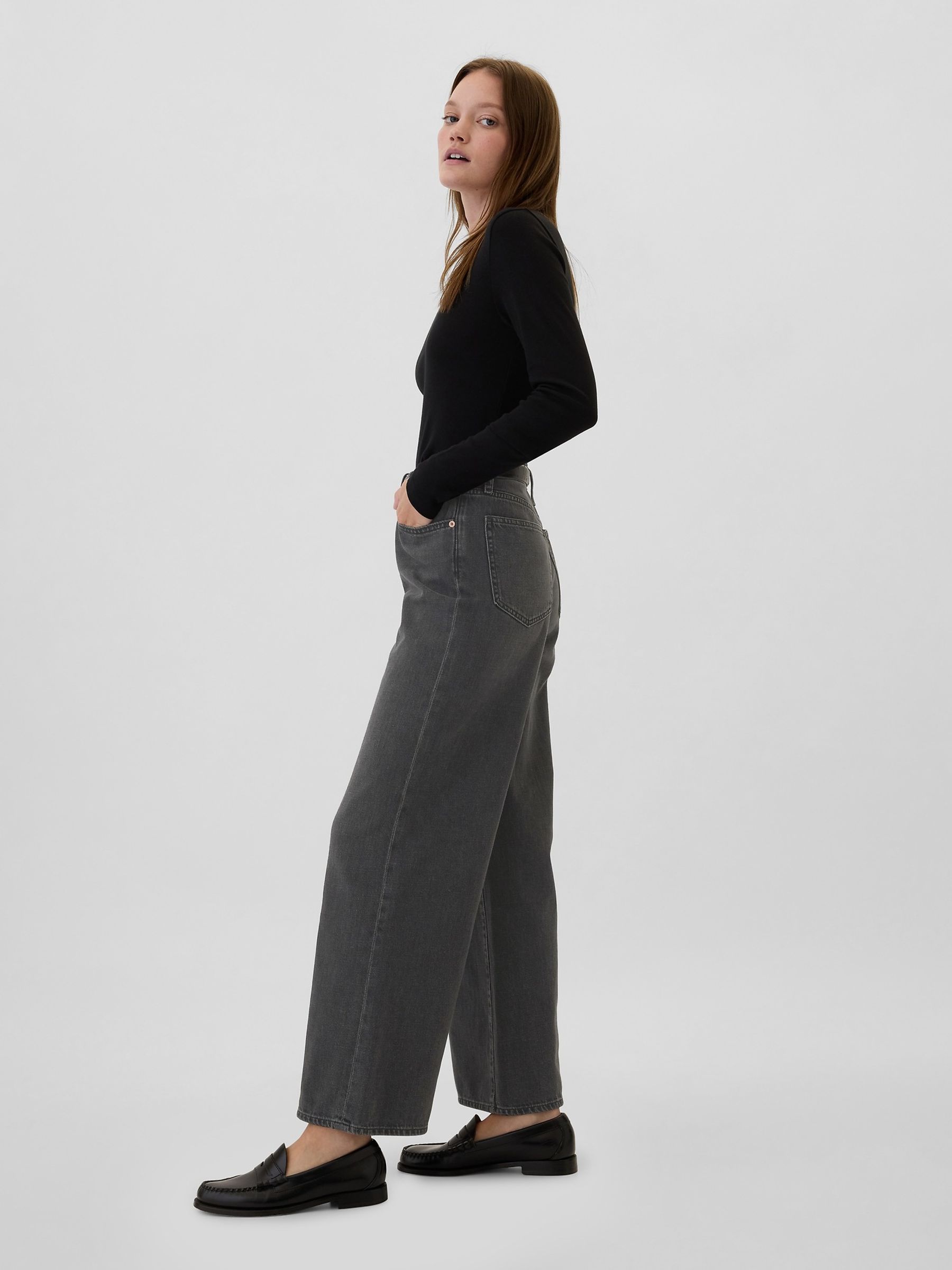 Black Wash Cotton High Waisted Wide Leg Jeans - Image 3 of 8