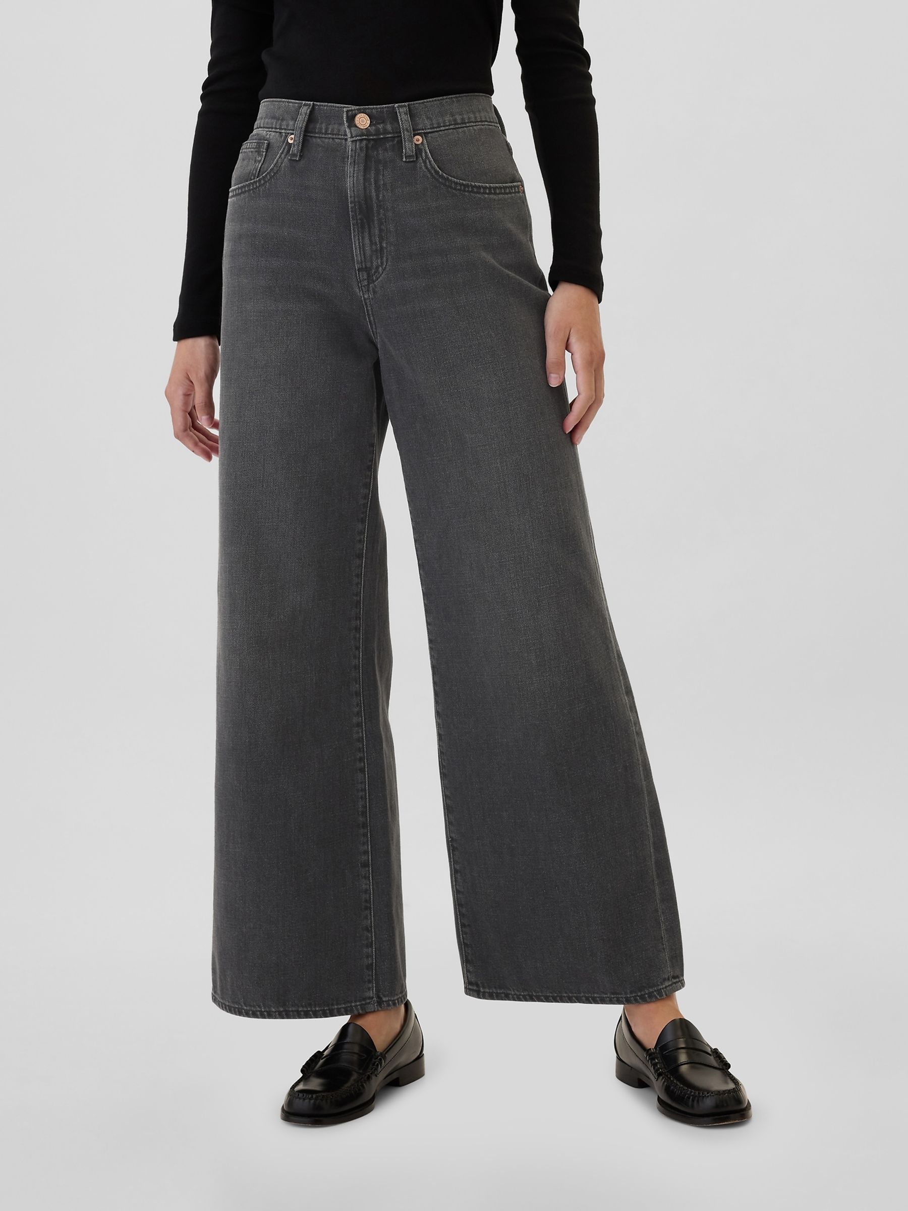 Black Wash Cotton High Waisted Wide Leg Jeans - Image 5 of 8