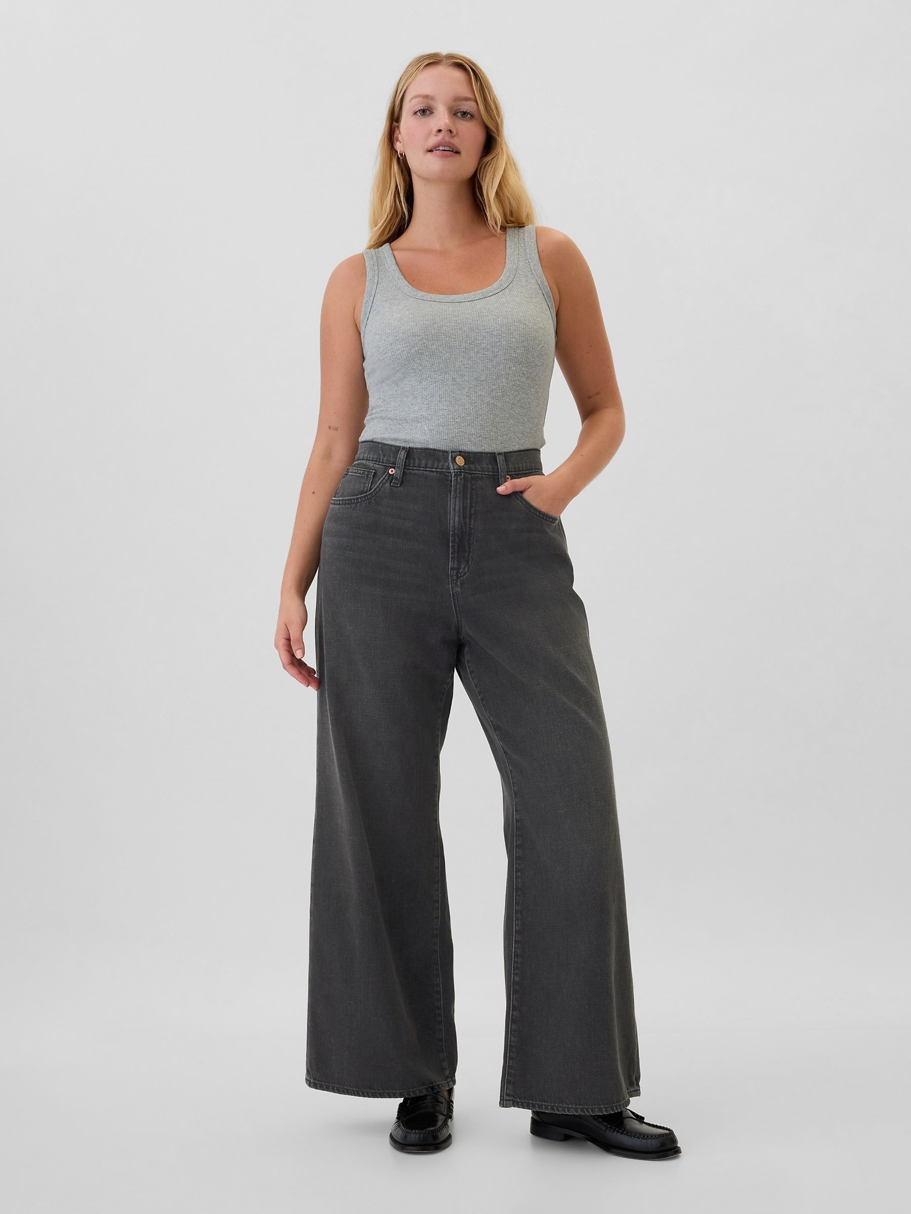 Black Wash Cotton High Waisted Wide Leg Jeans - Image 6 of 8
