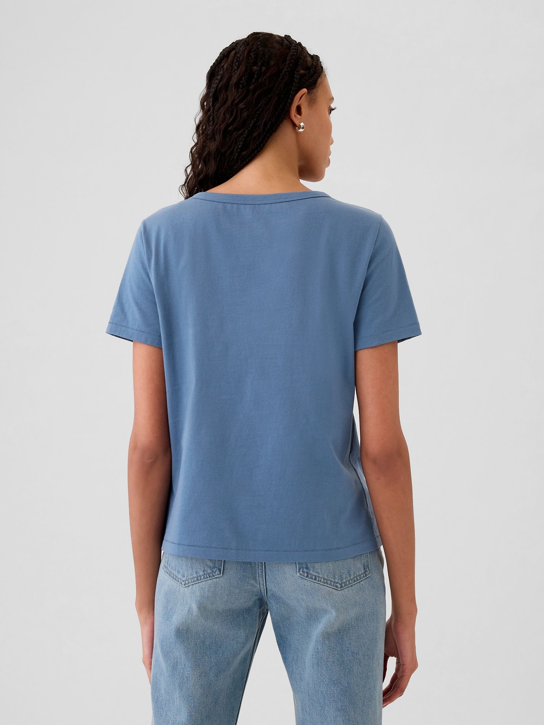 Blue V-Neck Vintage 100% Organic Cotton Short Sleeve T-Shirt - Image 2 of 5