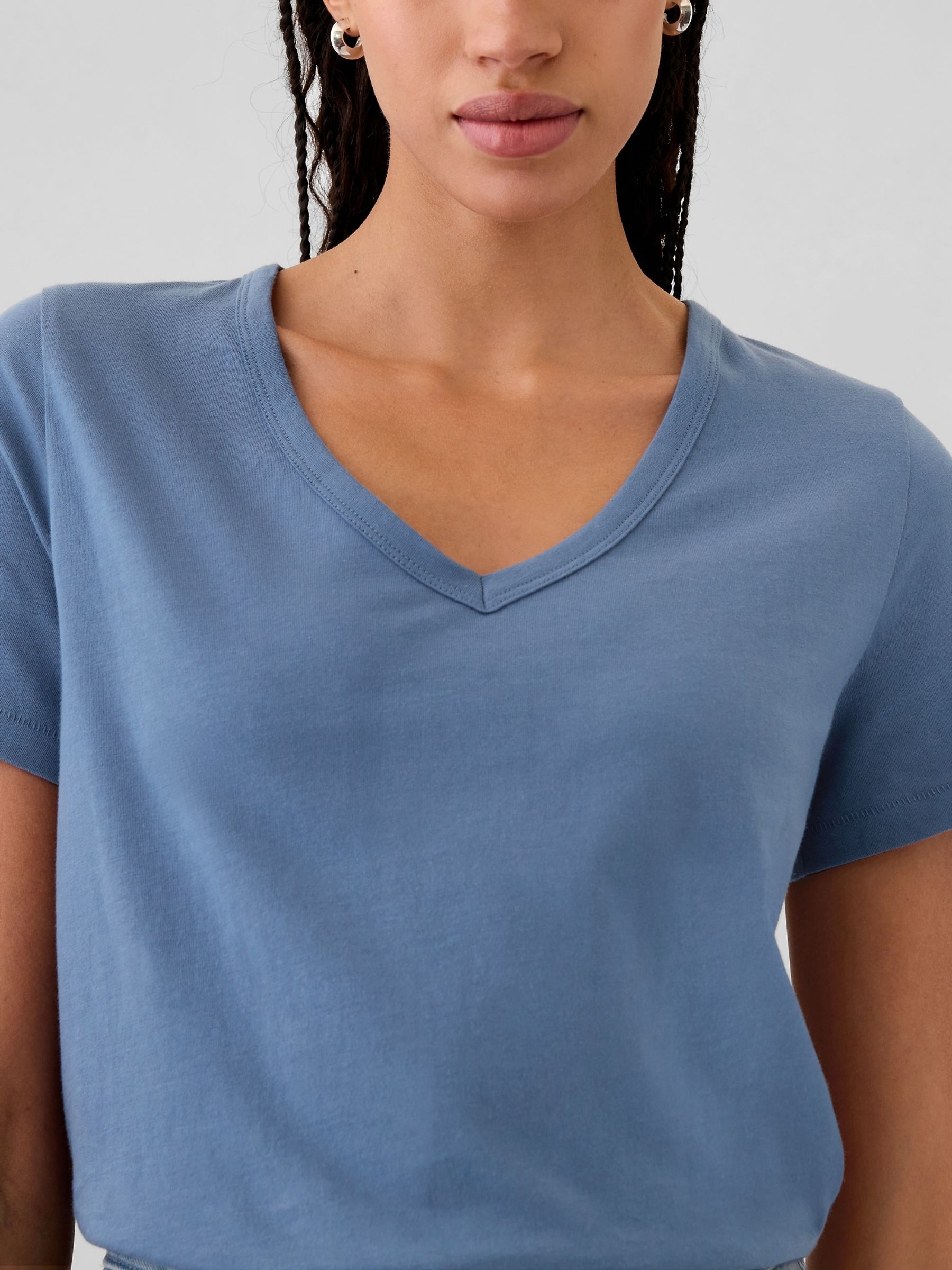 Blue V-Neck Vintage 100% Organic Cotton Short Sleeve T-Shirt - Image 4 of 5