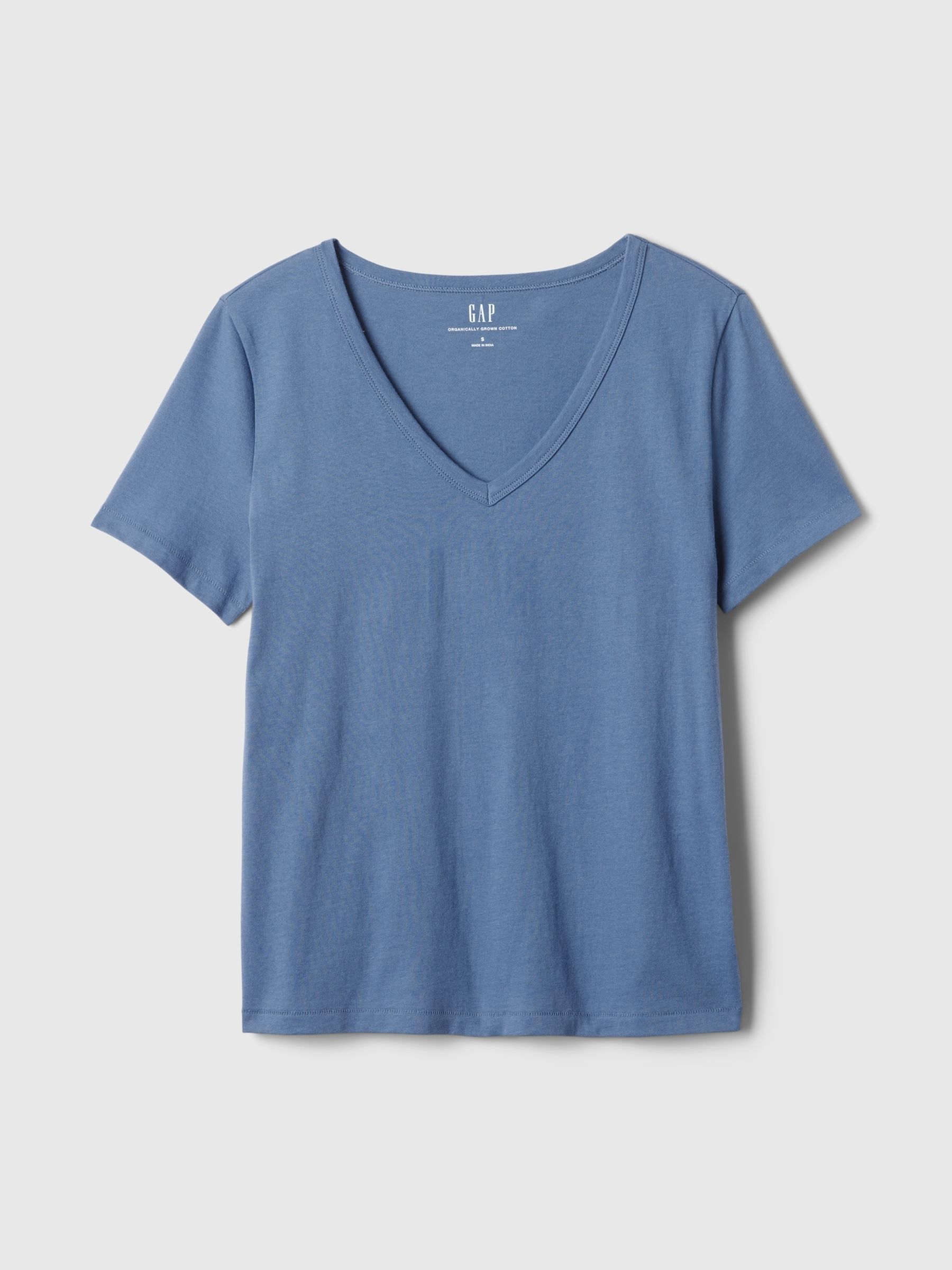 Blue V-Neck Vintage 100% Organic Cotton Short Sleeve T-Shirt - Image 5 of 5