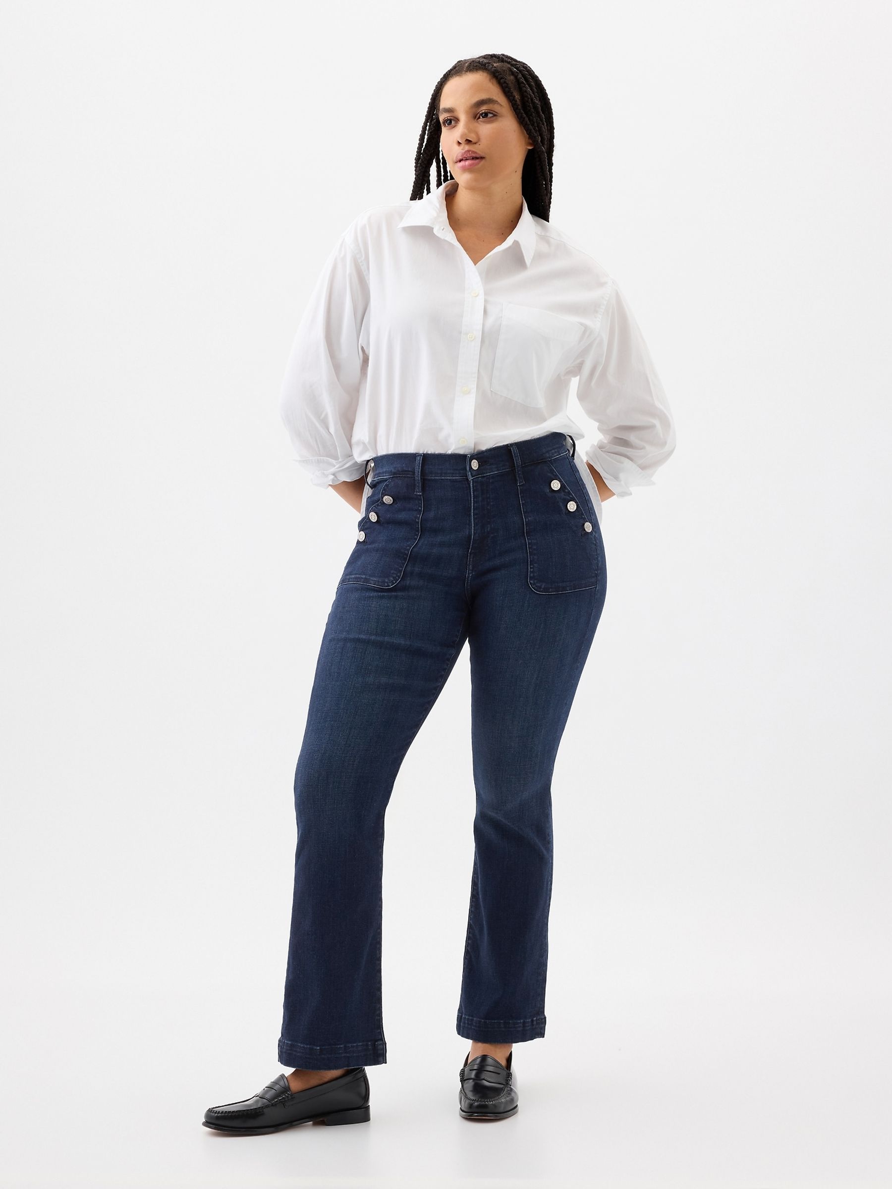 Blue Mid Rise Stretch Button Detail Bootcut Jeans - Image 1 of 7