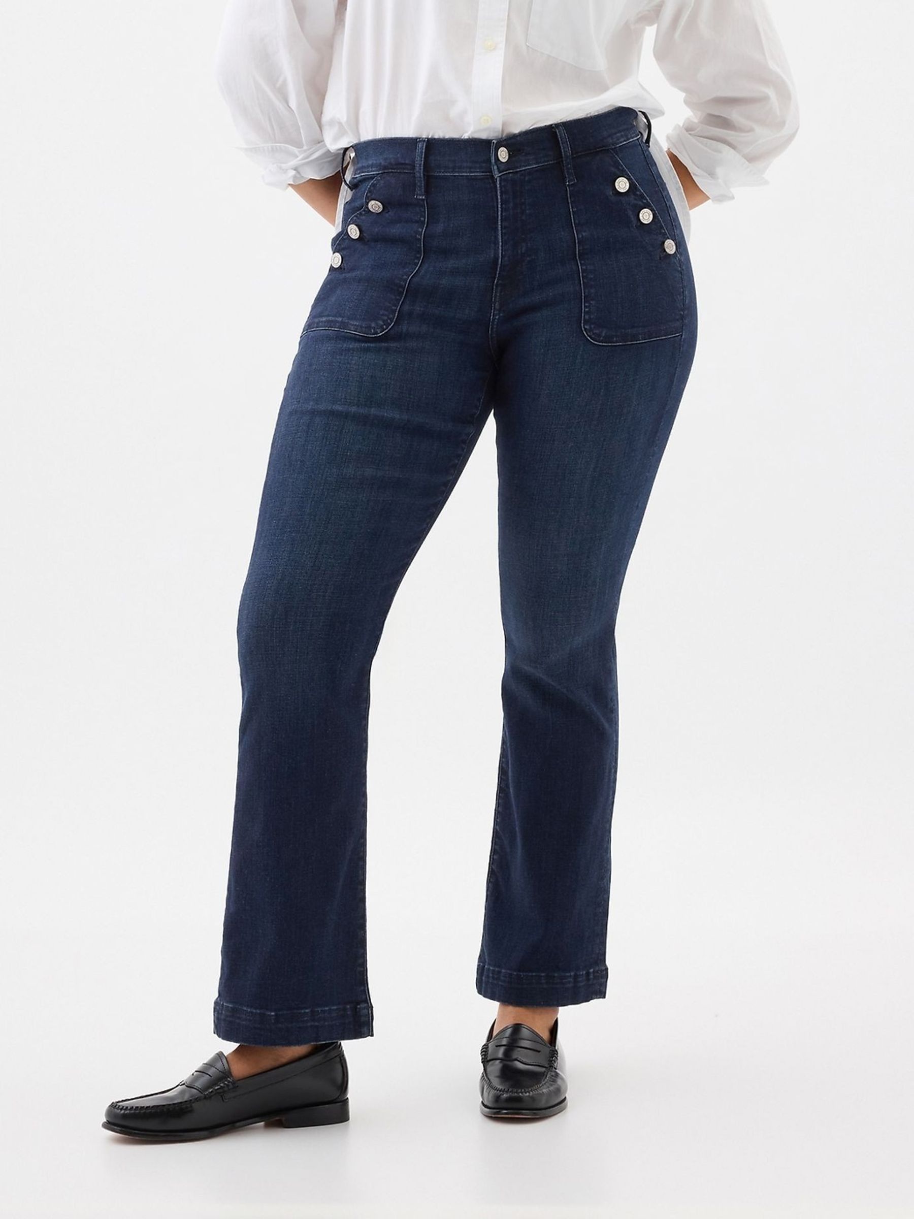 Blue Mid Rise Stretch Button Detail Bootcut Jeans - Image 3 of 7