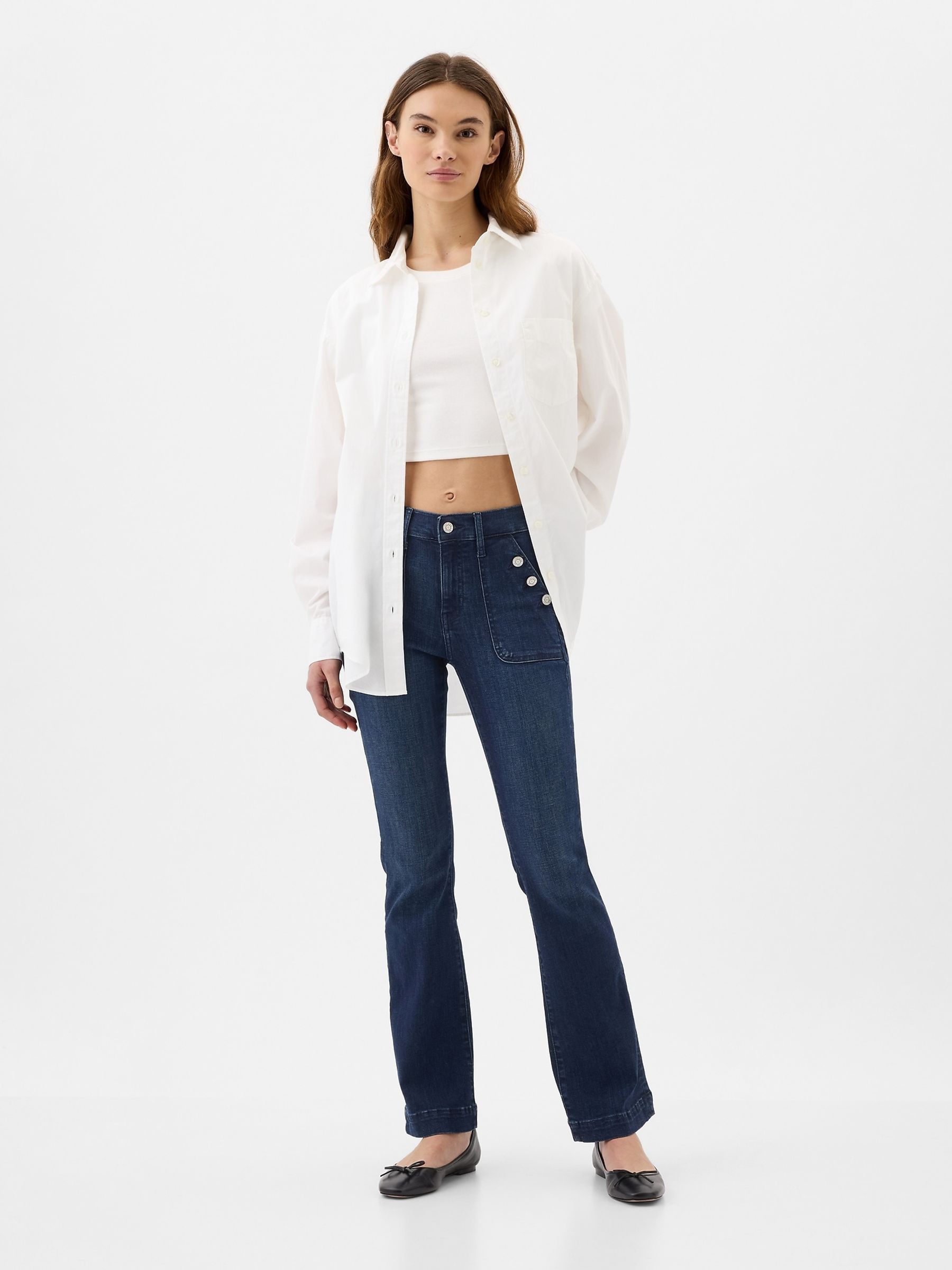 Blue Mid Rise Stretch Button Detail Bootcut Jeans - Image 5 of 7