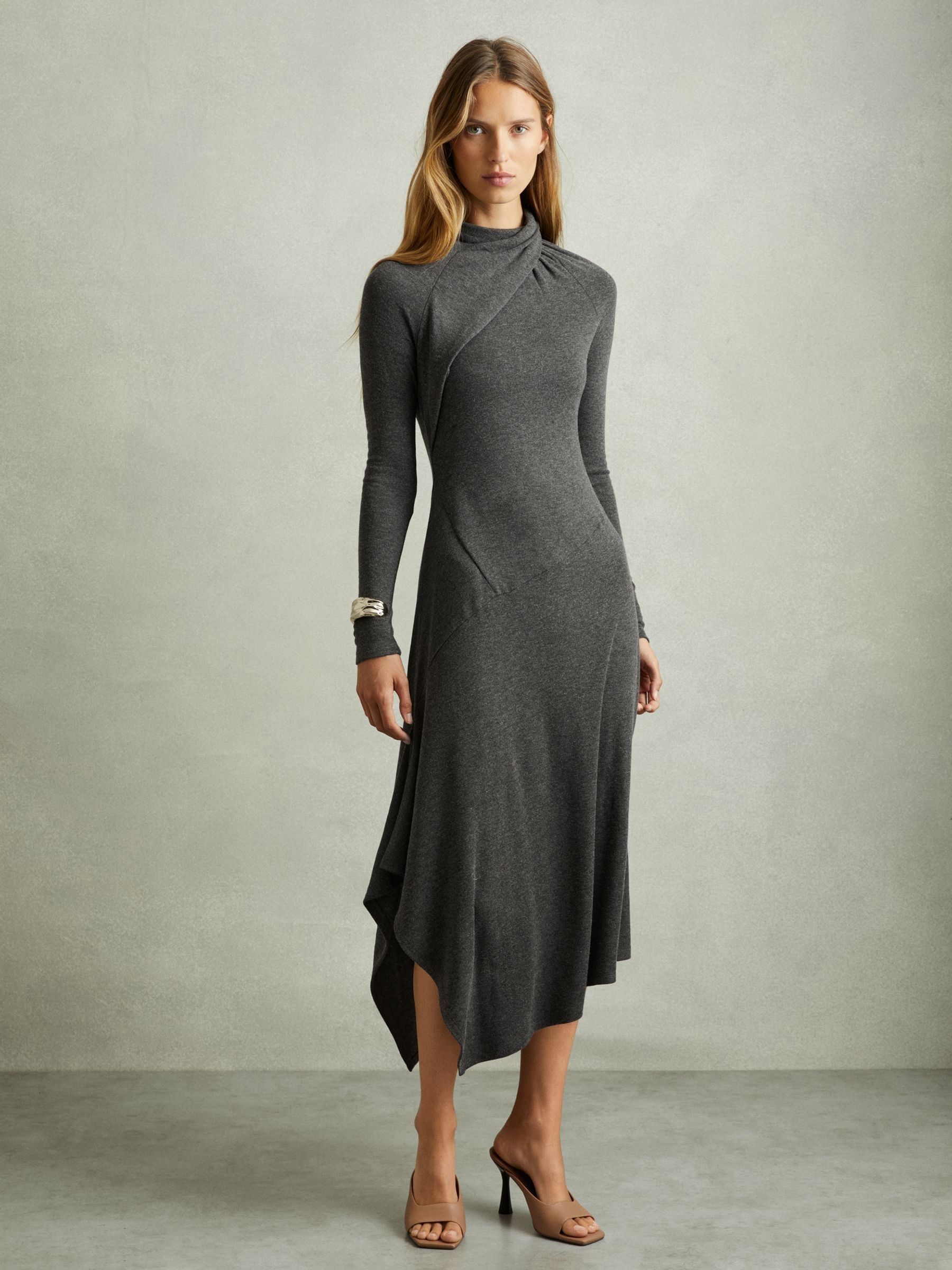 Jersey Drape Asymmetric Midi Dress in Grey - Image 1 of 7
