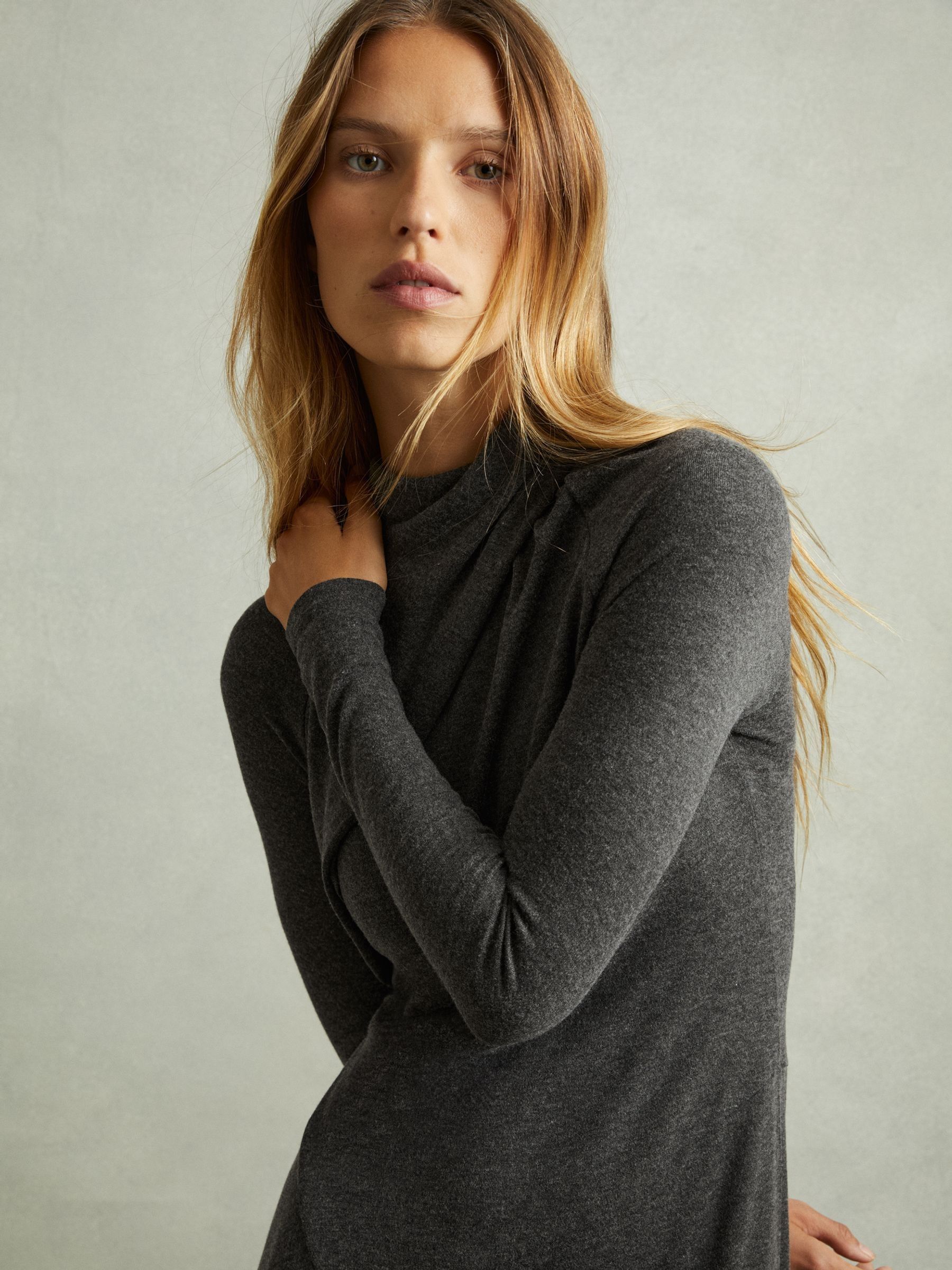 Jersey Drape Asymmetric Midi Dress in Grey - Image 3 of 7
