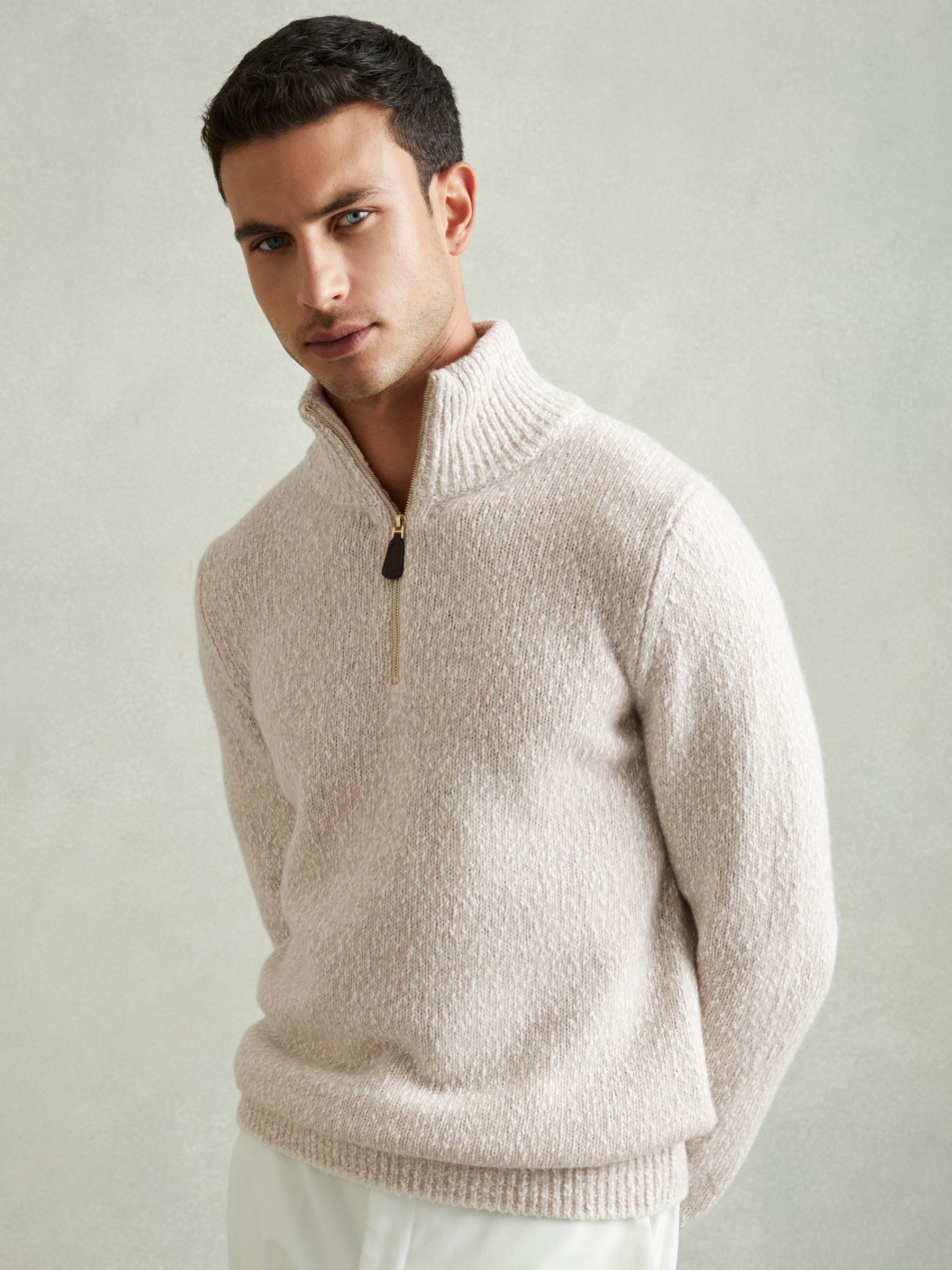 Marled Cotton and Wool Funnel-Neck Jumper in Oatmeal/White - Image 1 of 5