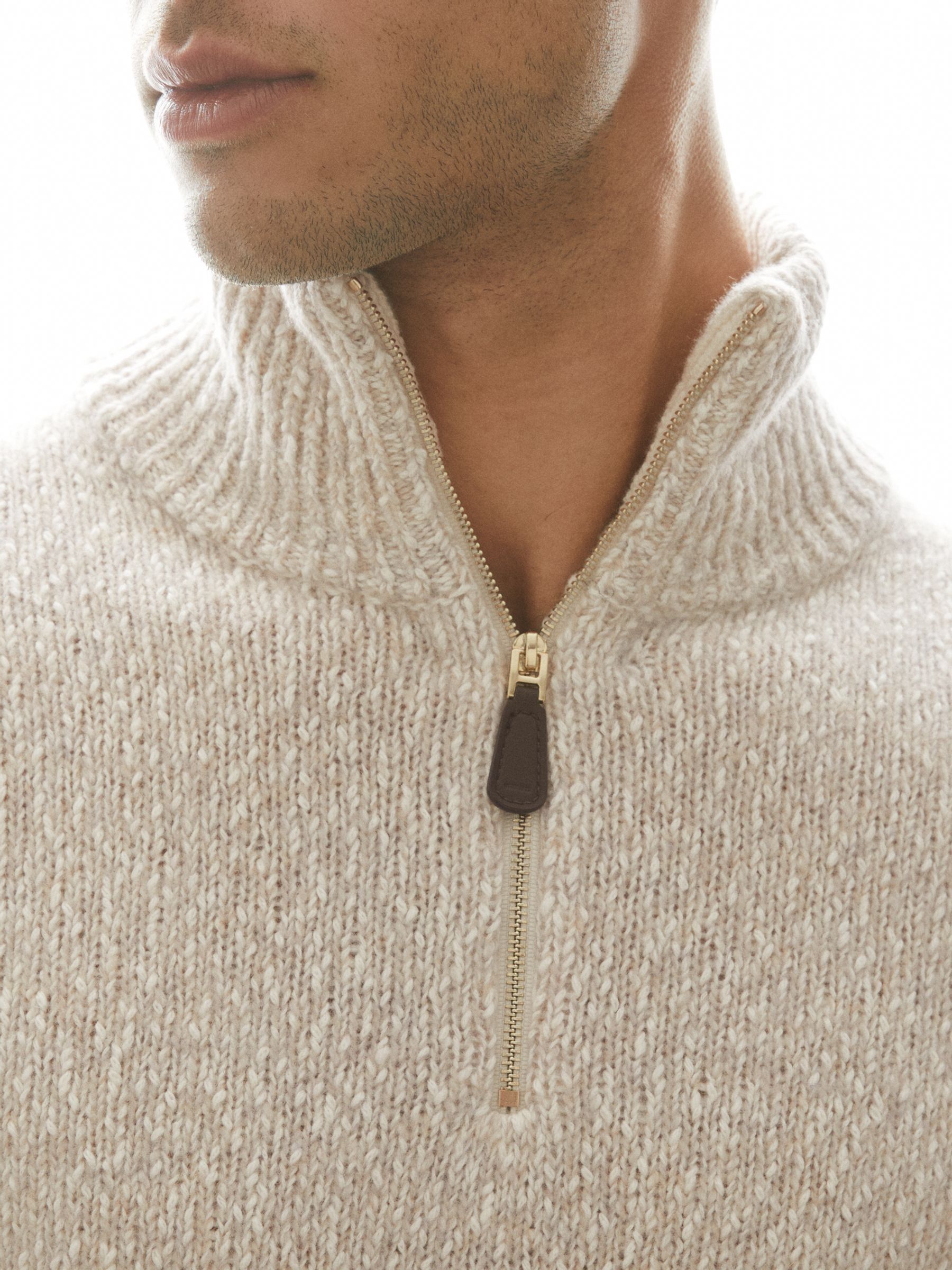 Marled Cotton and Wool Funnel-Neck Jumper in Oatmeal/White - Image 3 of 5