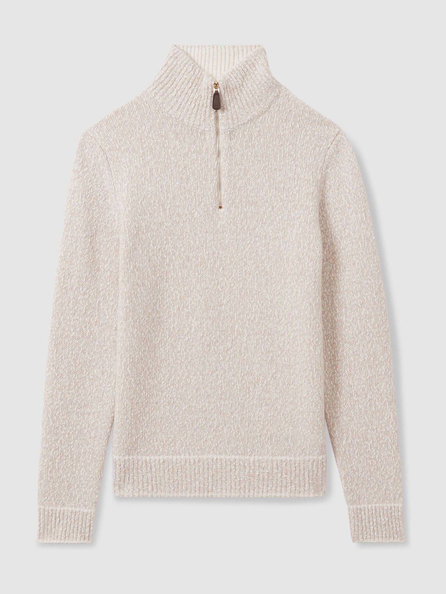 Marled Cotton and Wool Funnel-Neck Jumper in Oatmeal/White - Image 2 of 5