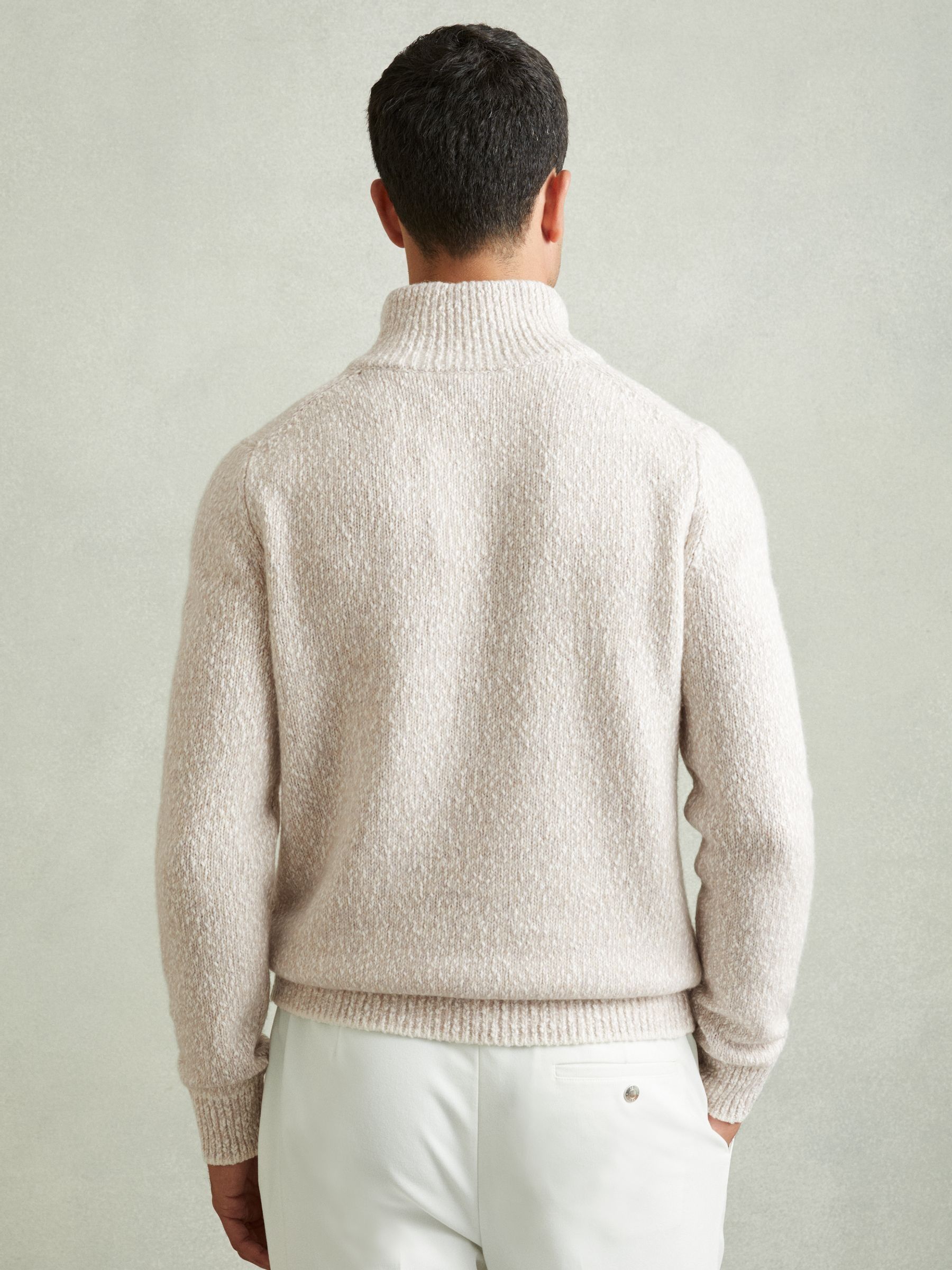 Marled Cotton and Wool Funnel-Neck Jumper in Oatmeal/White - Image 4 of 5