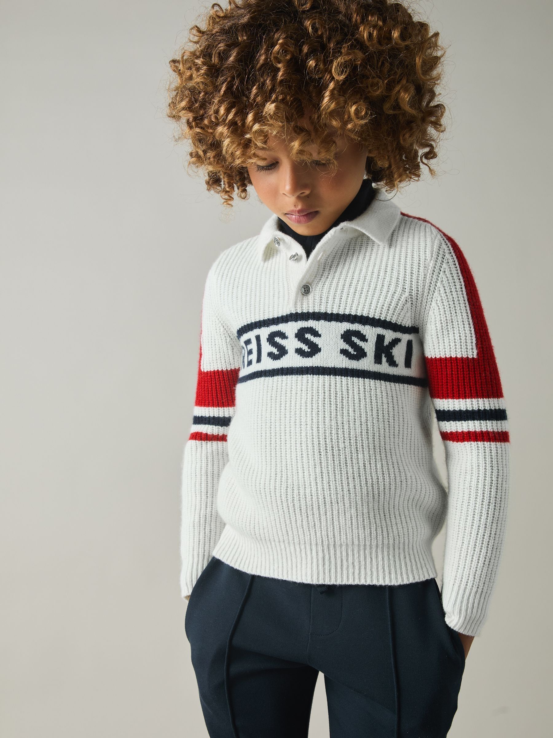 Colourblock Ski Polo Neck Jumper in Off White/Red - Image 2 of 4