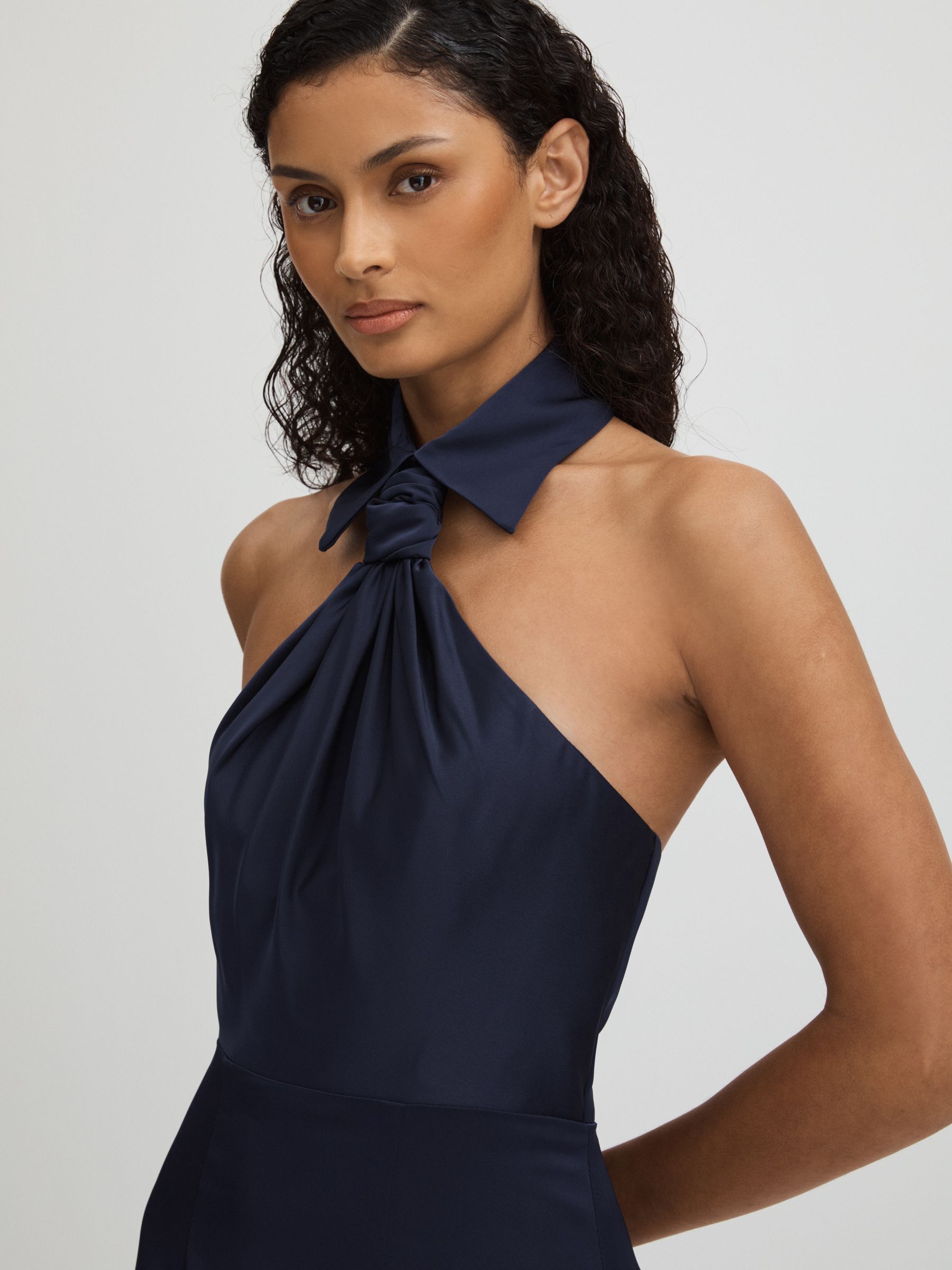 Gemi Navy Halston Satin Halter Neck Maxi Dress - Image 3 of 5