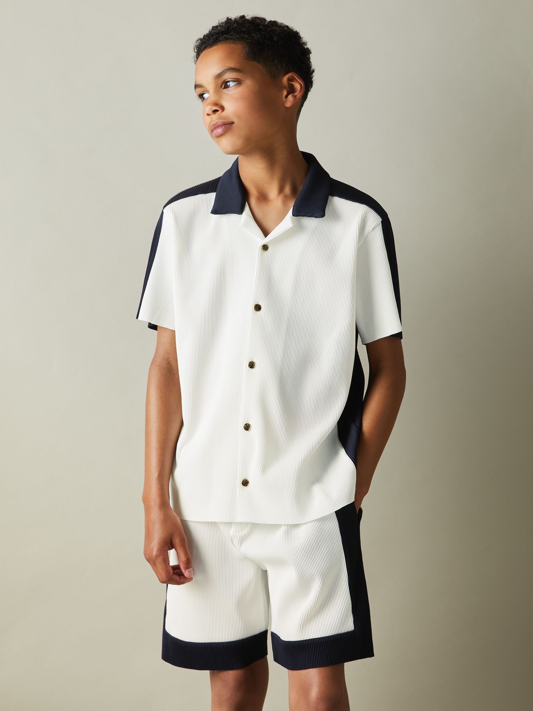 9-13 yrs Colourblock Plisse Cuban Collar Shirt in Optic White/Navy - Image 1 of 5