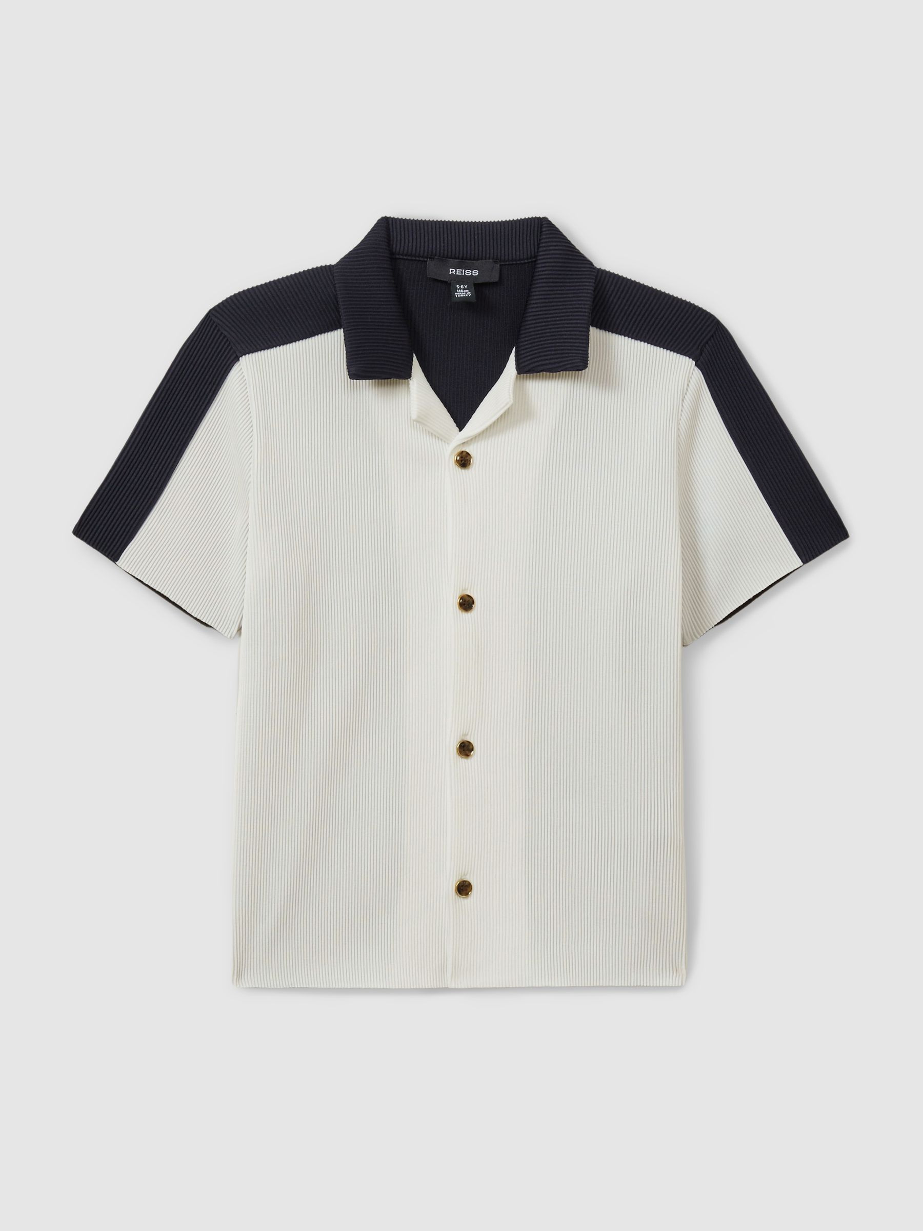 9-13 yrs Colourblock Plisse Cuban Collar Shirt in Optic White/Navy - Image 2 of 5