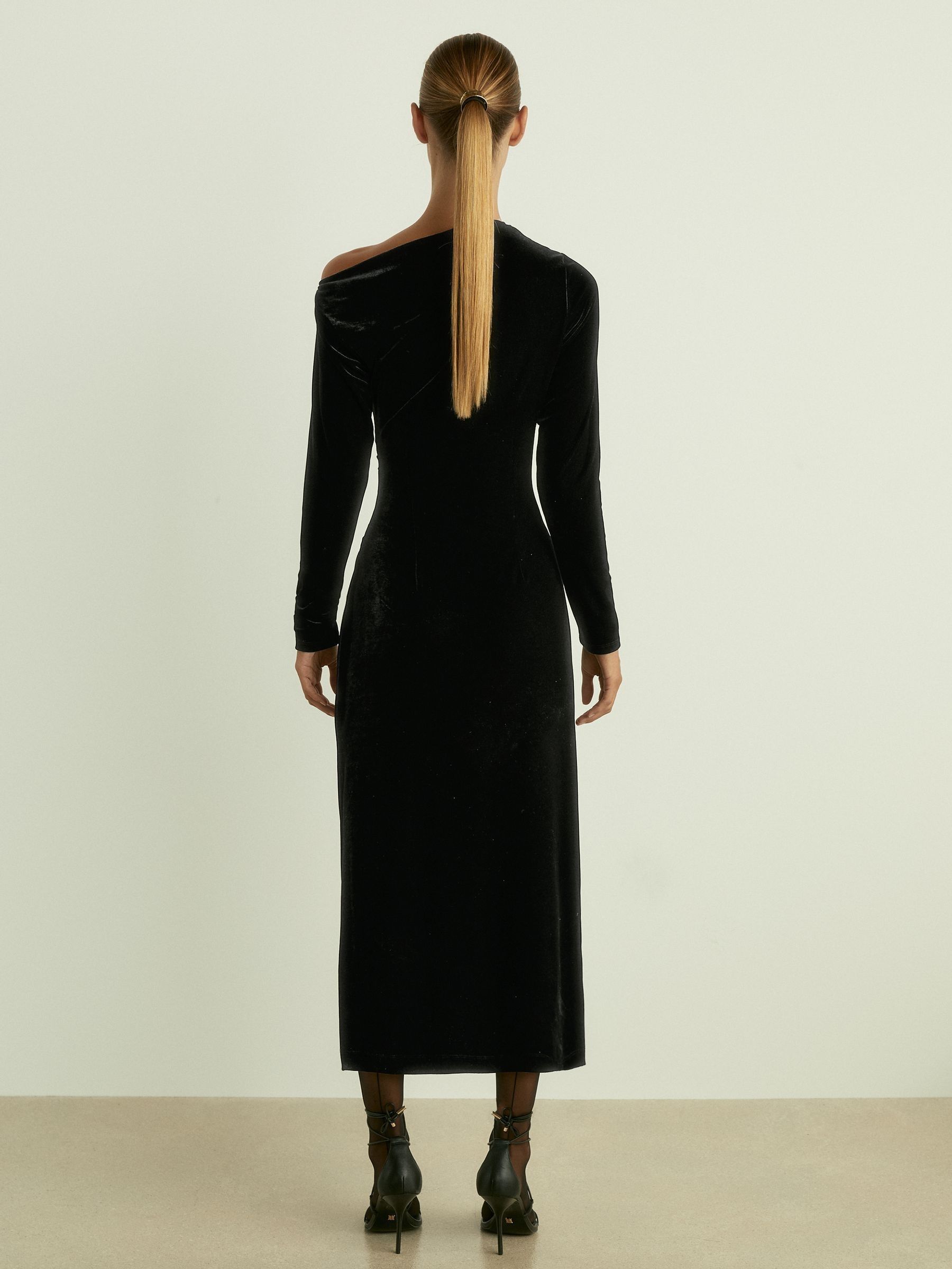Off-the-Shoulder Velvet Dress in Black - Image 4 of 5