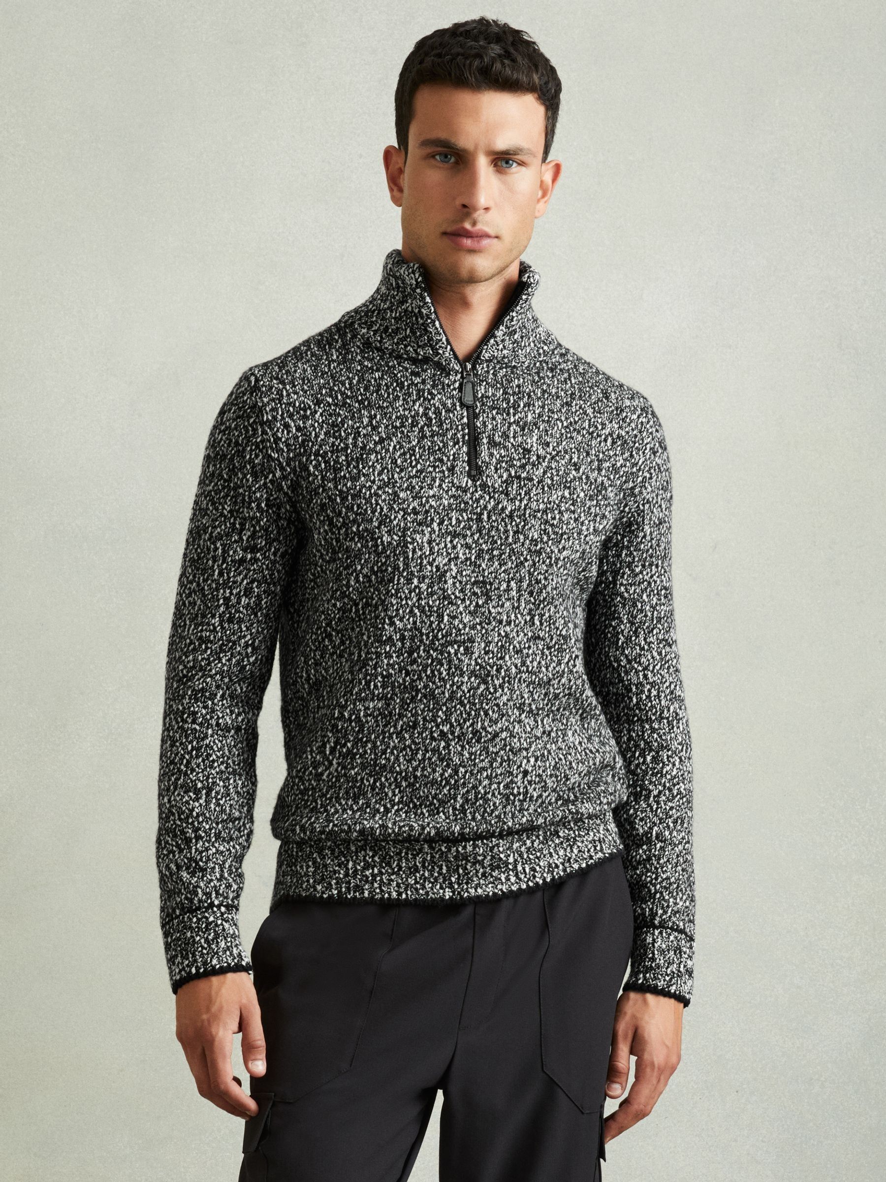 Marled Cotton and Wool Funnel-Neck Jumper in Black/White - Image 1 of 6