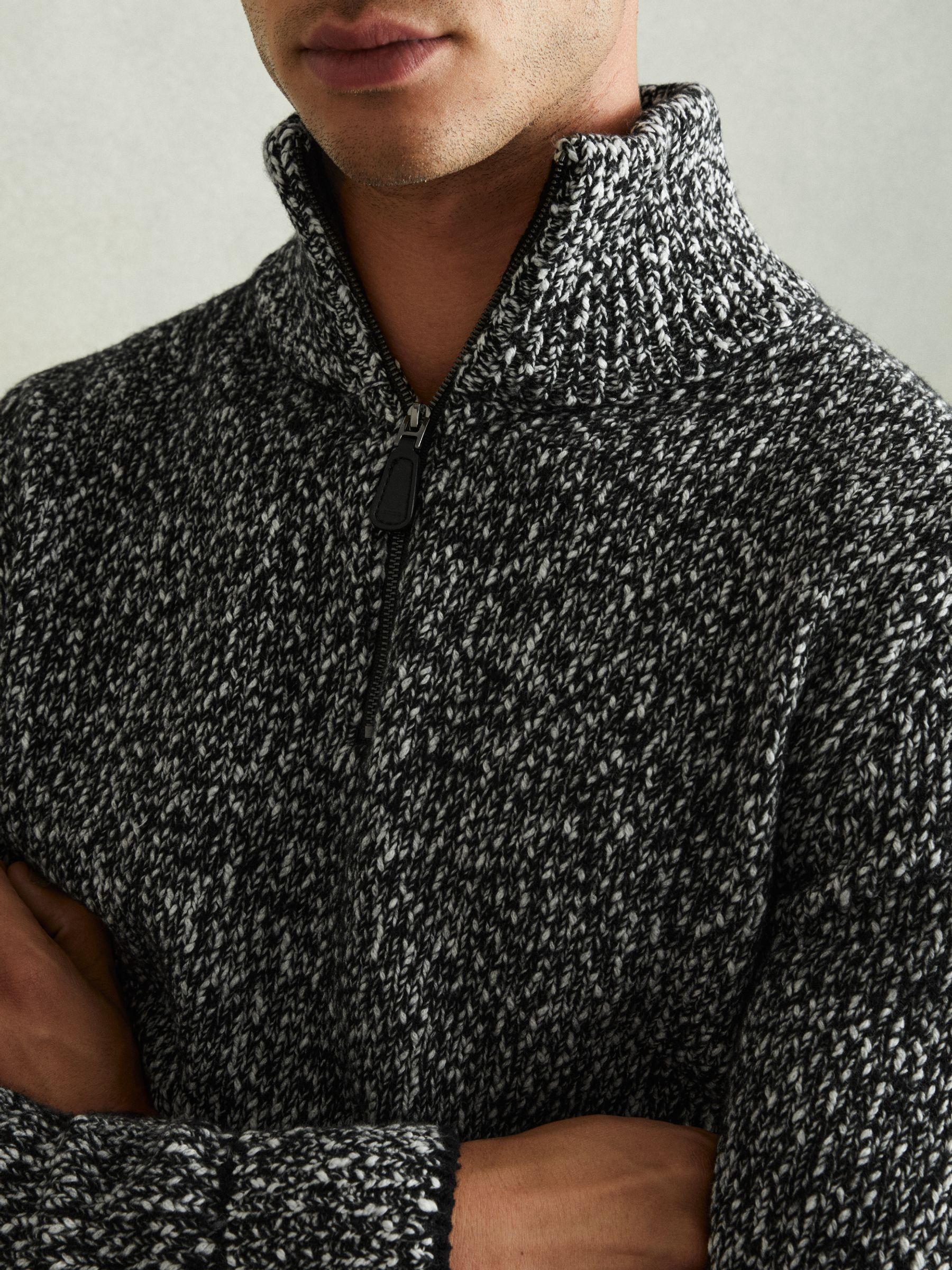 Marled Cotton and Wool Funnel-Neck Jumper in Black/White - Image 3 of 6