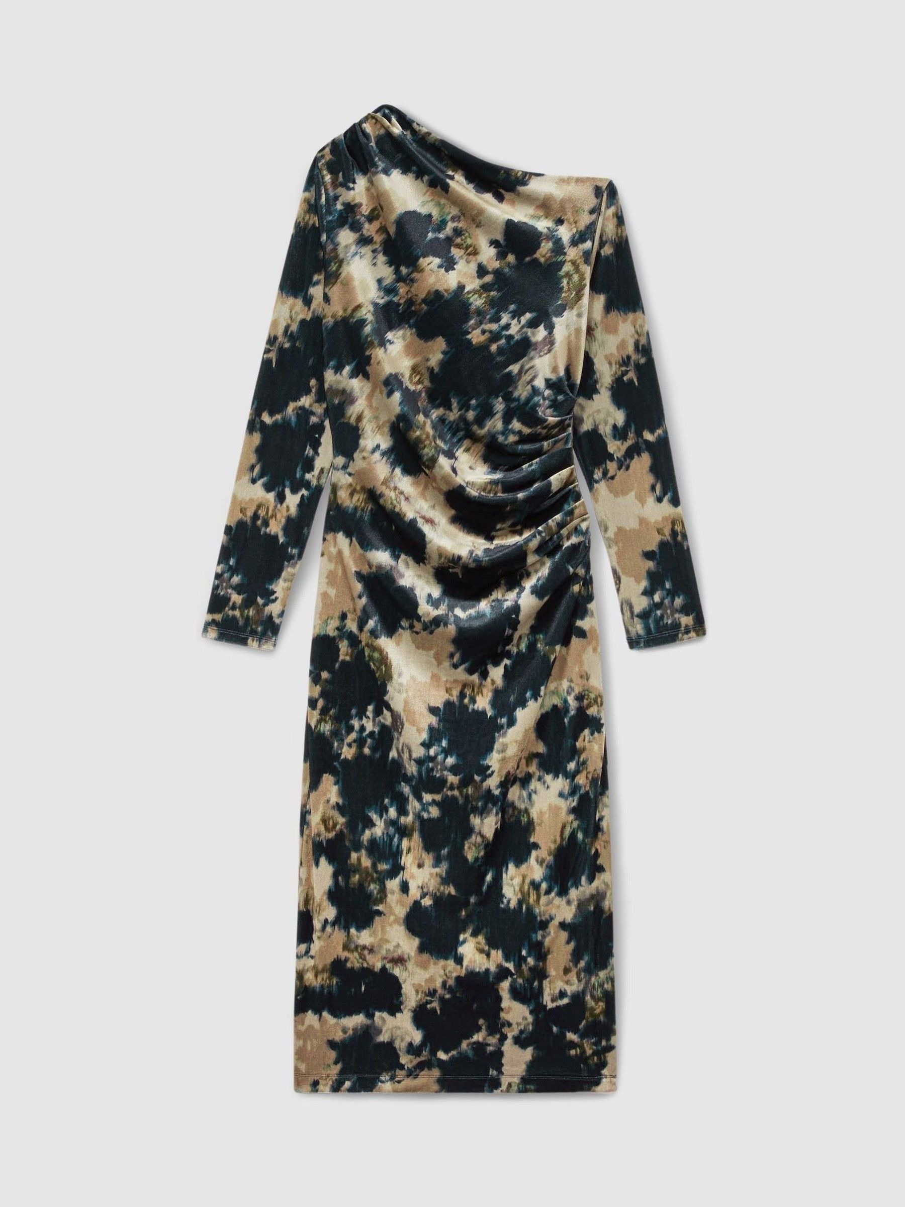 Ruched Abstract-Print Velvet Dress in Navy - Image 2 of 6