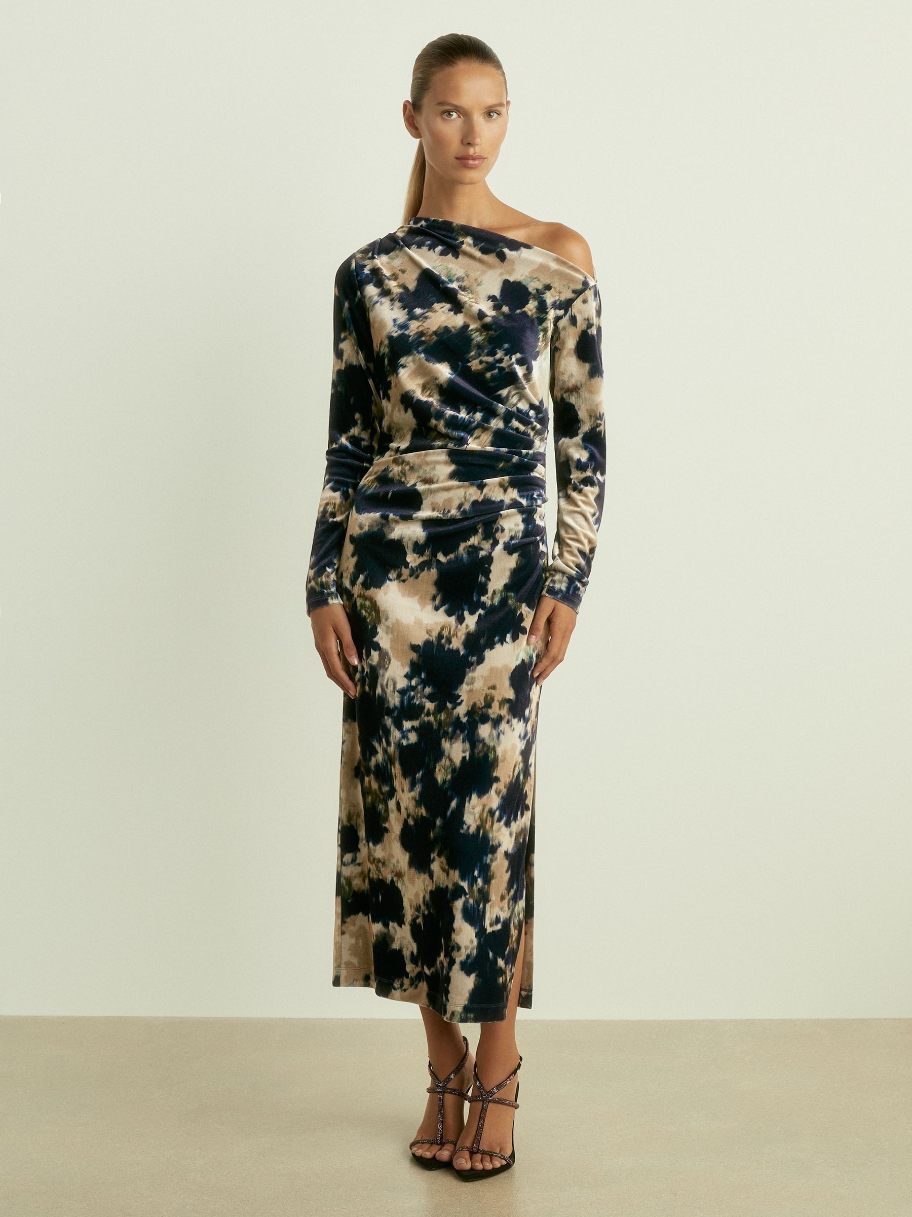 Ruched Abstract-Print Velvet Dress in Navy - Image 3 of 6