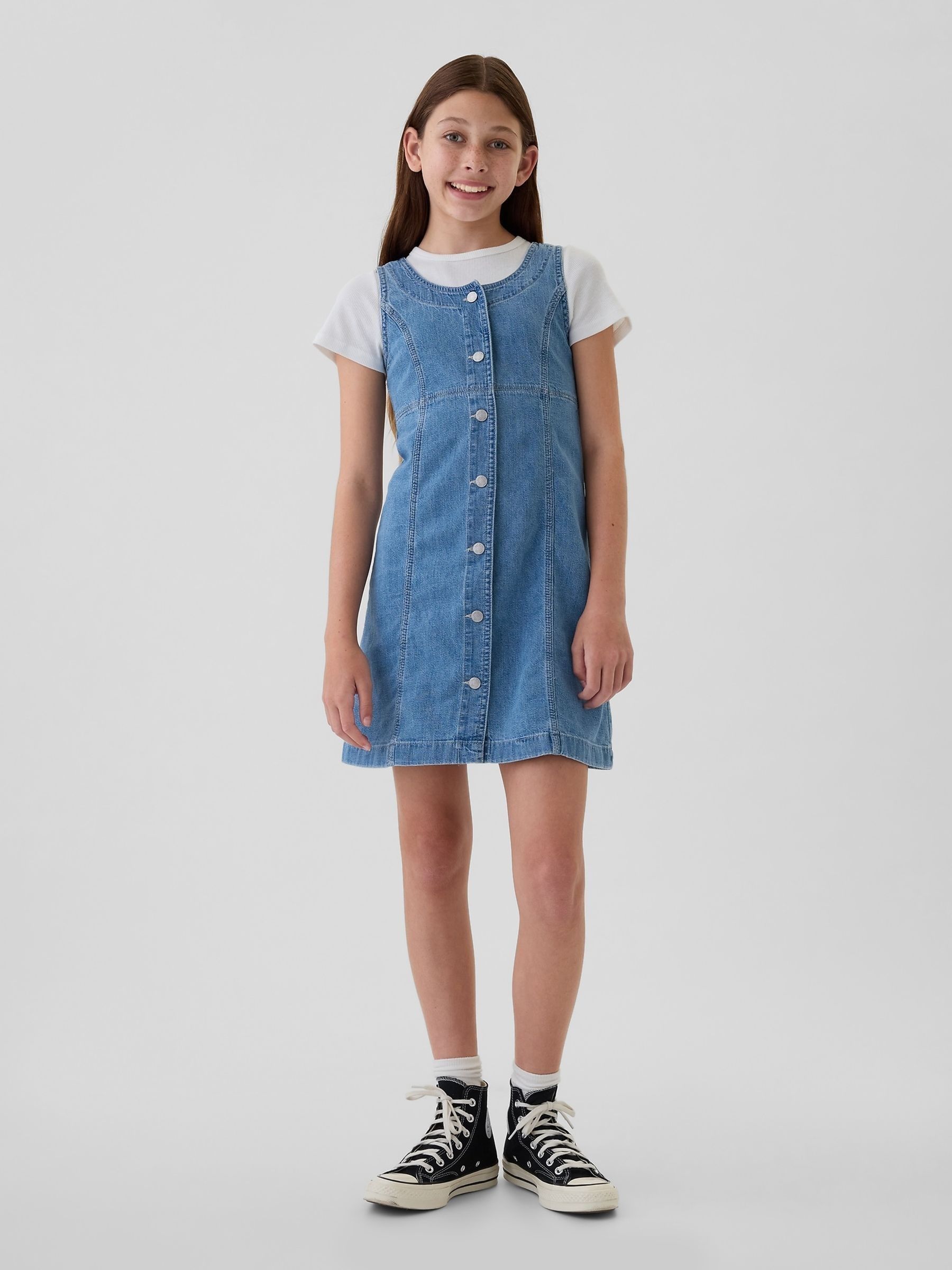 Blue Button Sleeveless Denim Dress (4-13yrs) - Image 1 of 4