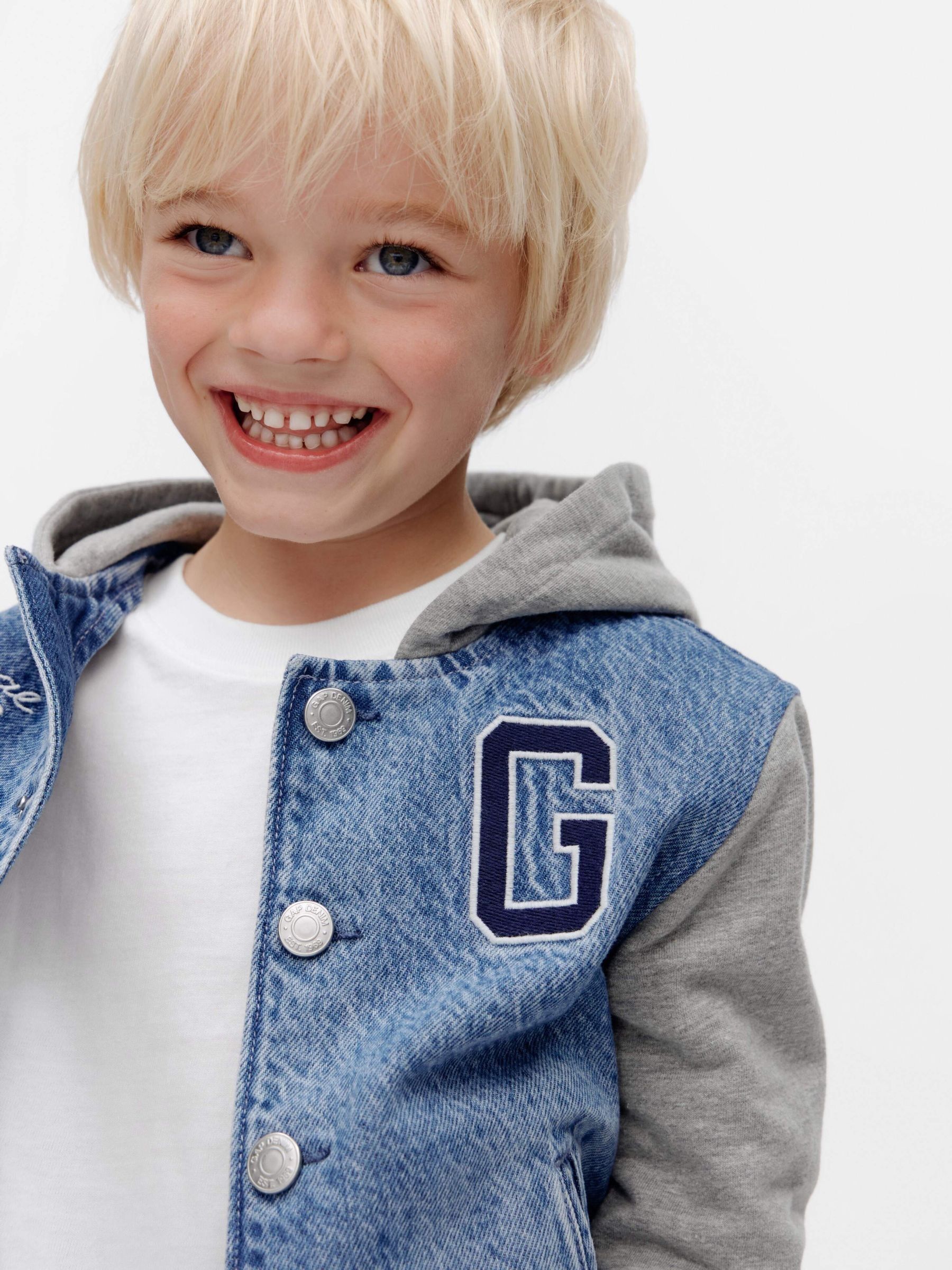Blue Dinosaur Varsity Denim Hoodie Jacket (6mths-5yrs) - Image 3 of 5