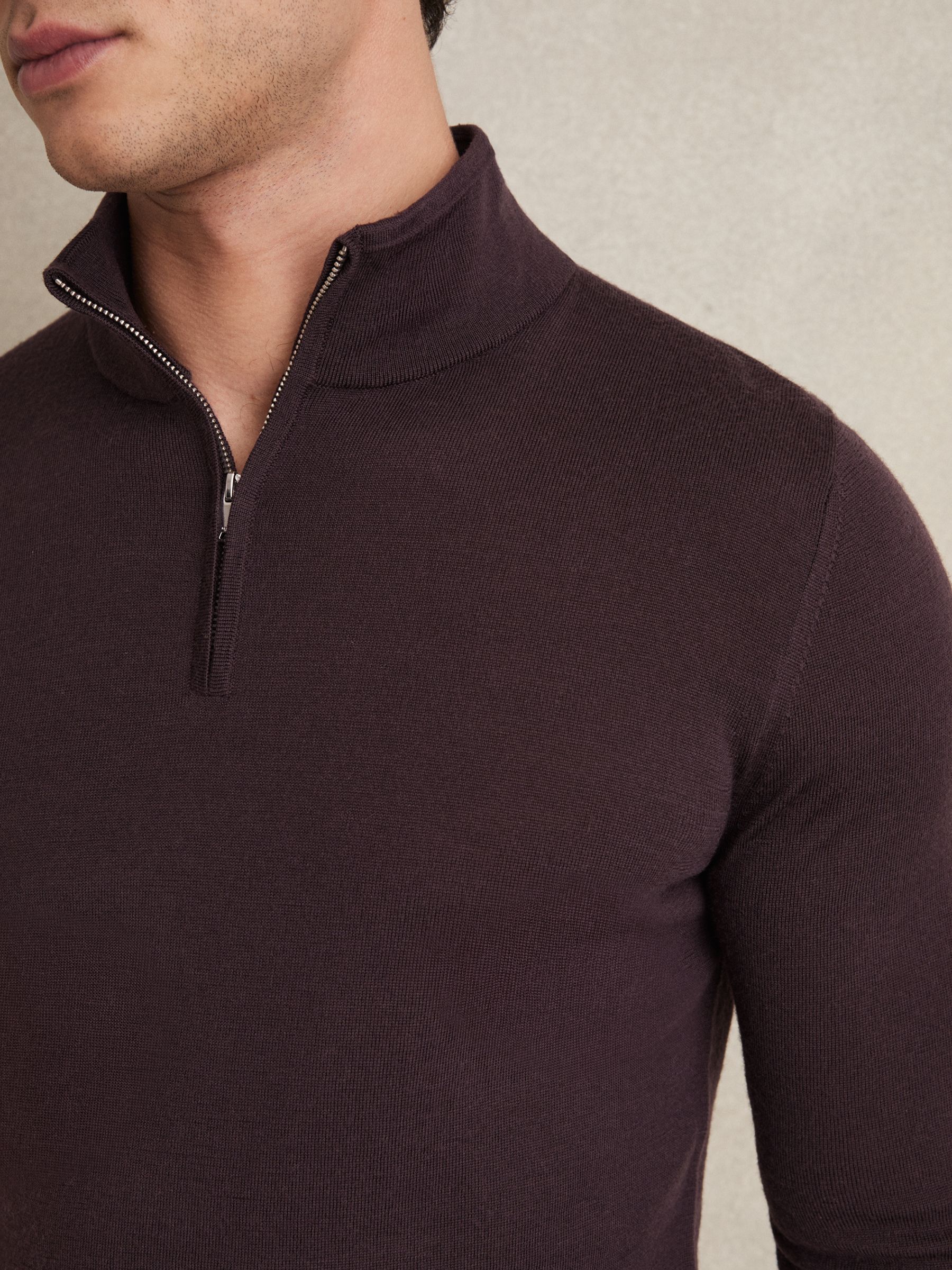 Merino Wool Half-Zip Funnel Neck Jumper in Dark Bordeaux - Image 3 of 5