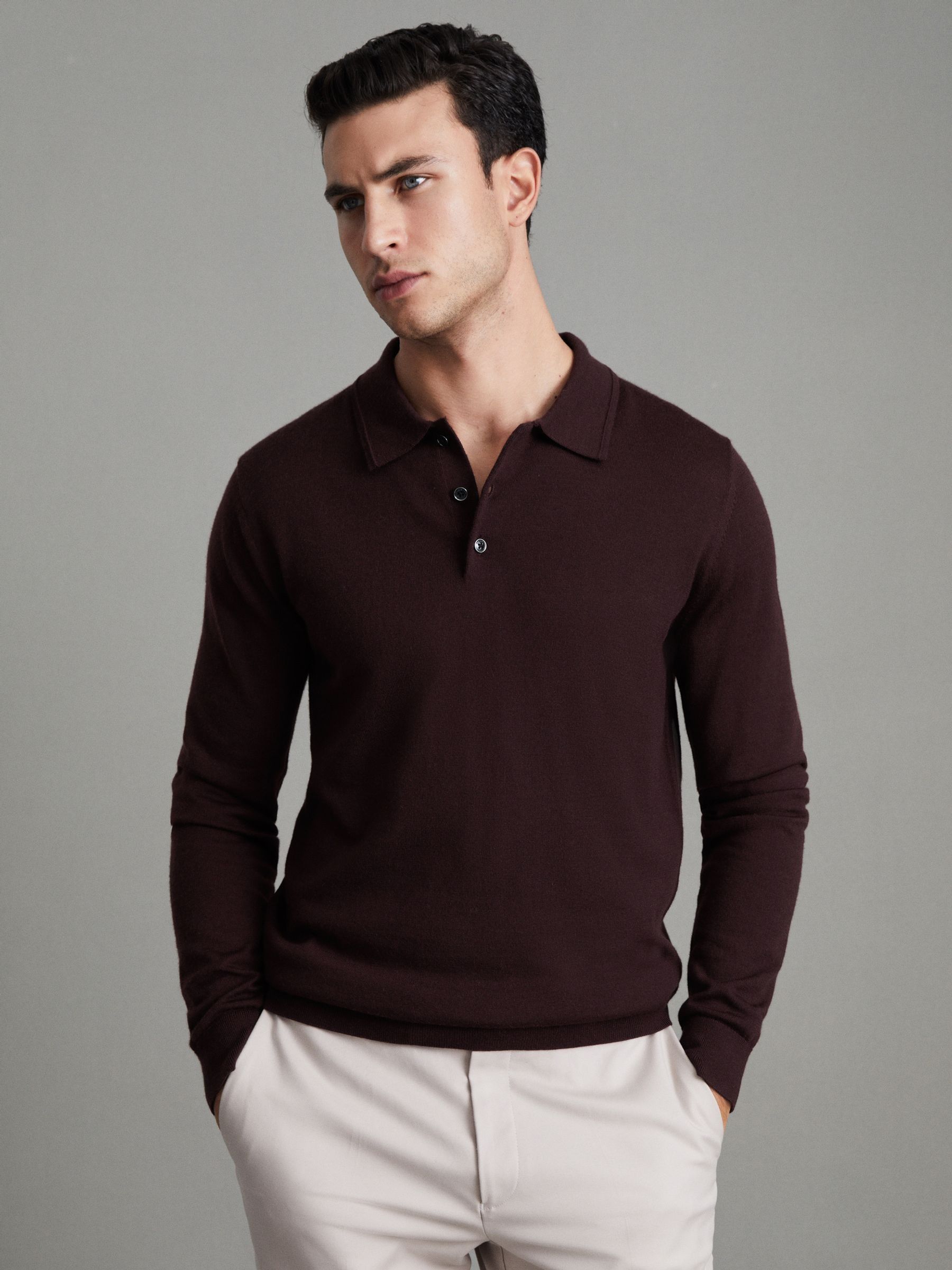Merino Wool Polo Shirt in Dark Bordeaux - Image 1 of 7