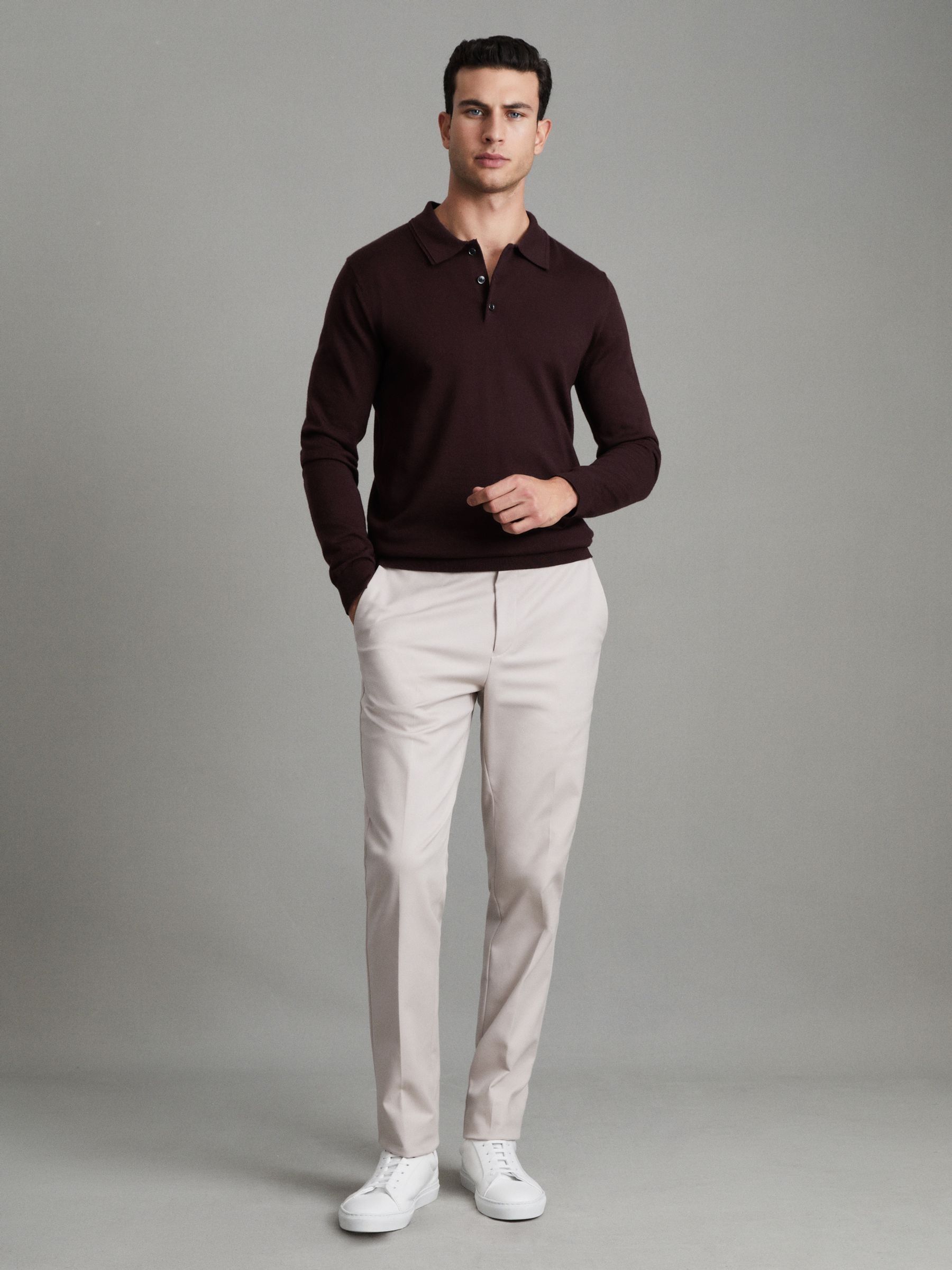 Merino Wool Polo Shirt in Dark Bordeaux - Image 3 of 7