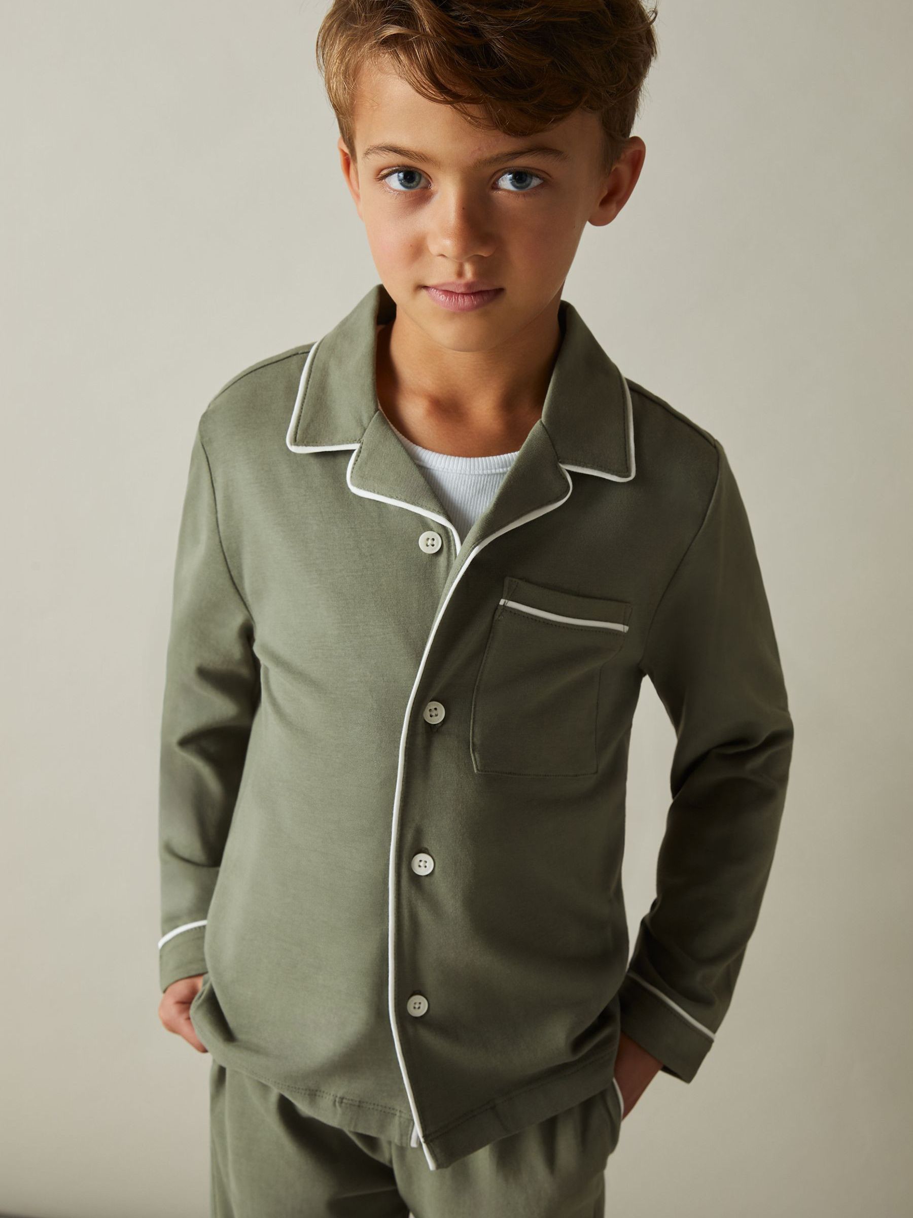 3-9 yrs Brushed-Cotton Piped-Trim Pyjamas Set in Sage Green - Image 1 of 6