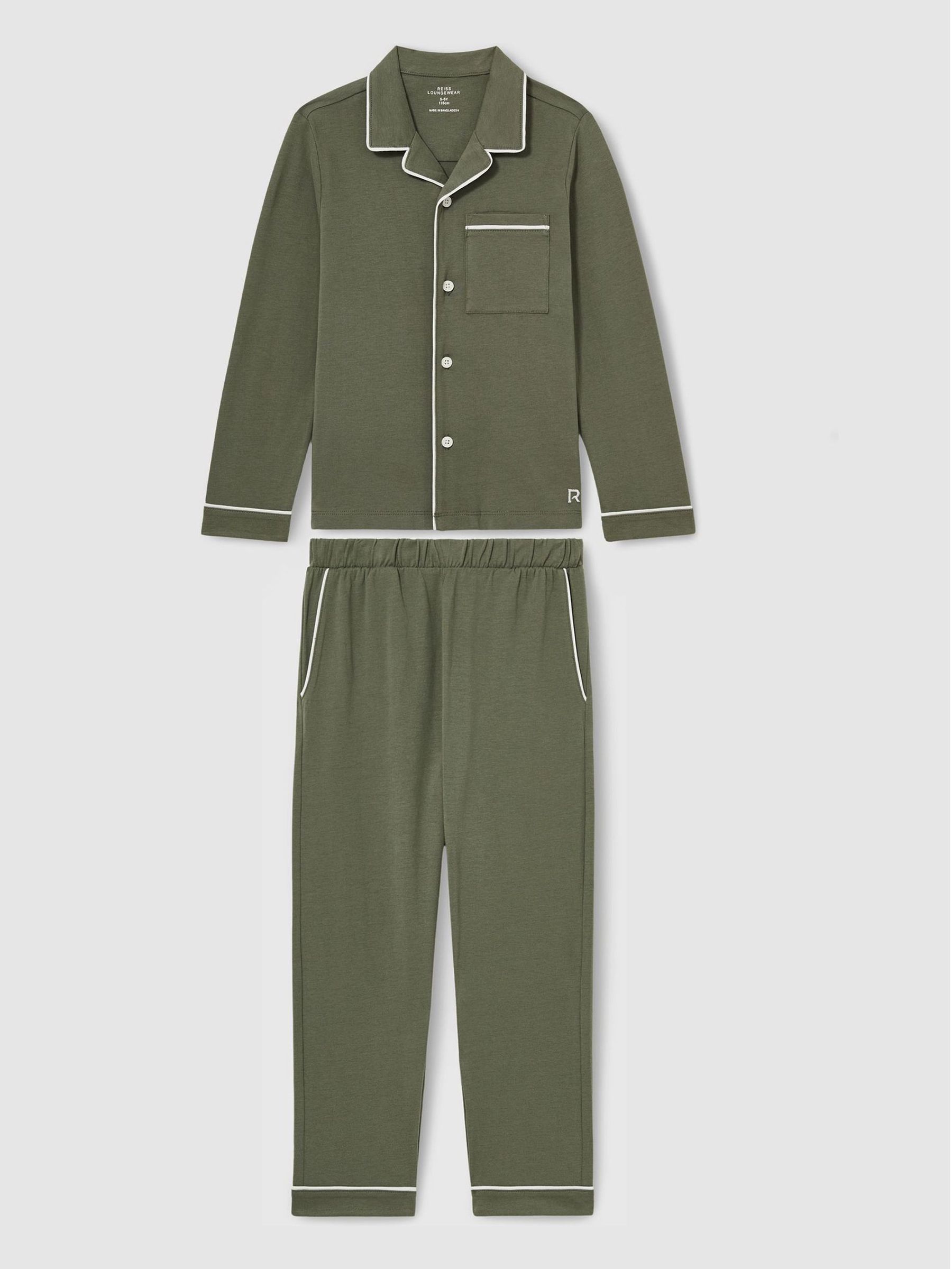 3-9 yrs Brushed-Cotton Piped-Trim Pyjamas Set in Sage Green - Image 2 of 6
