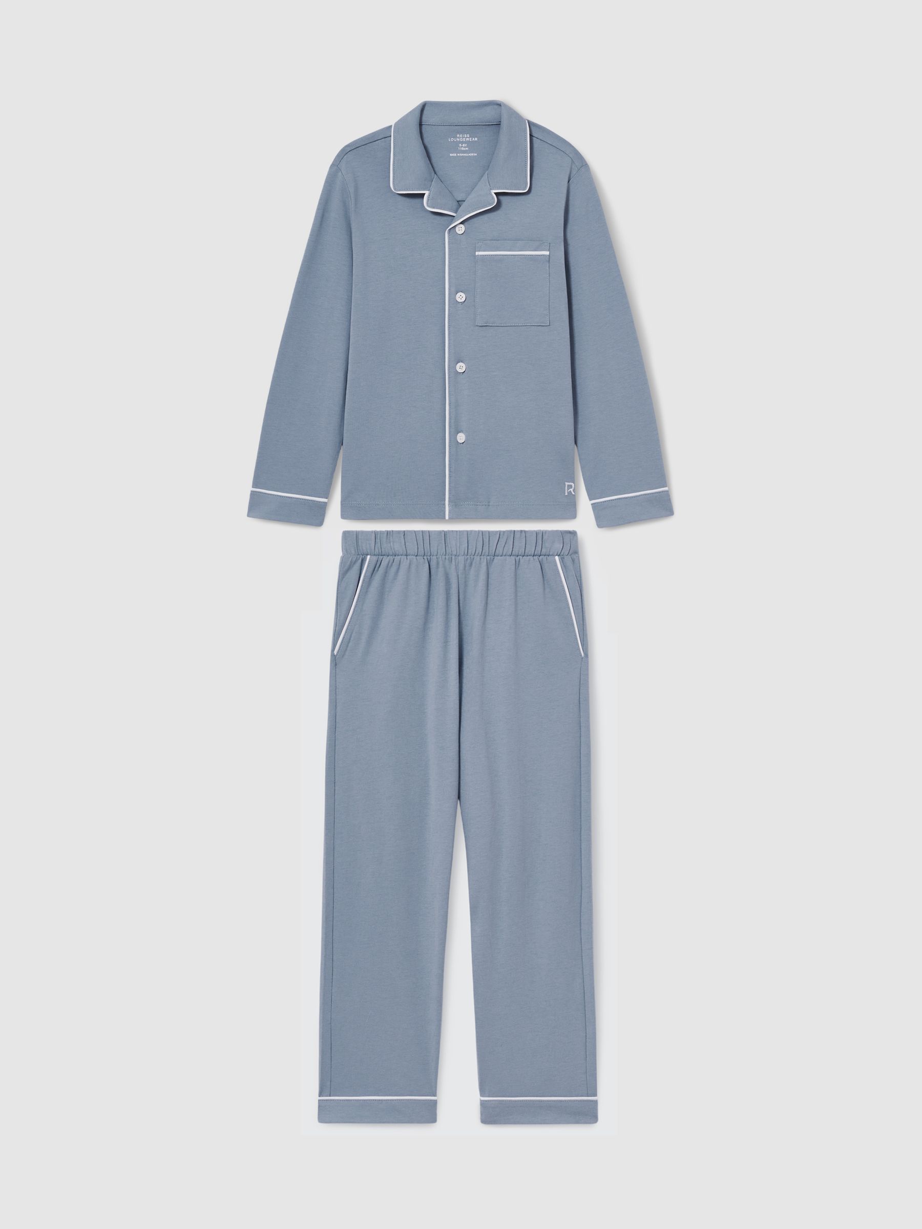 3-9 yrs Brushed-Cotton Piped-Trim Pyjama Set in Airforce Blue - Image 2 of 4