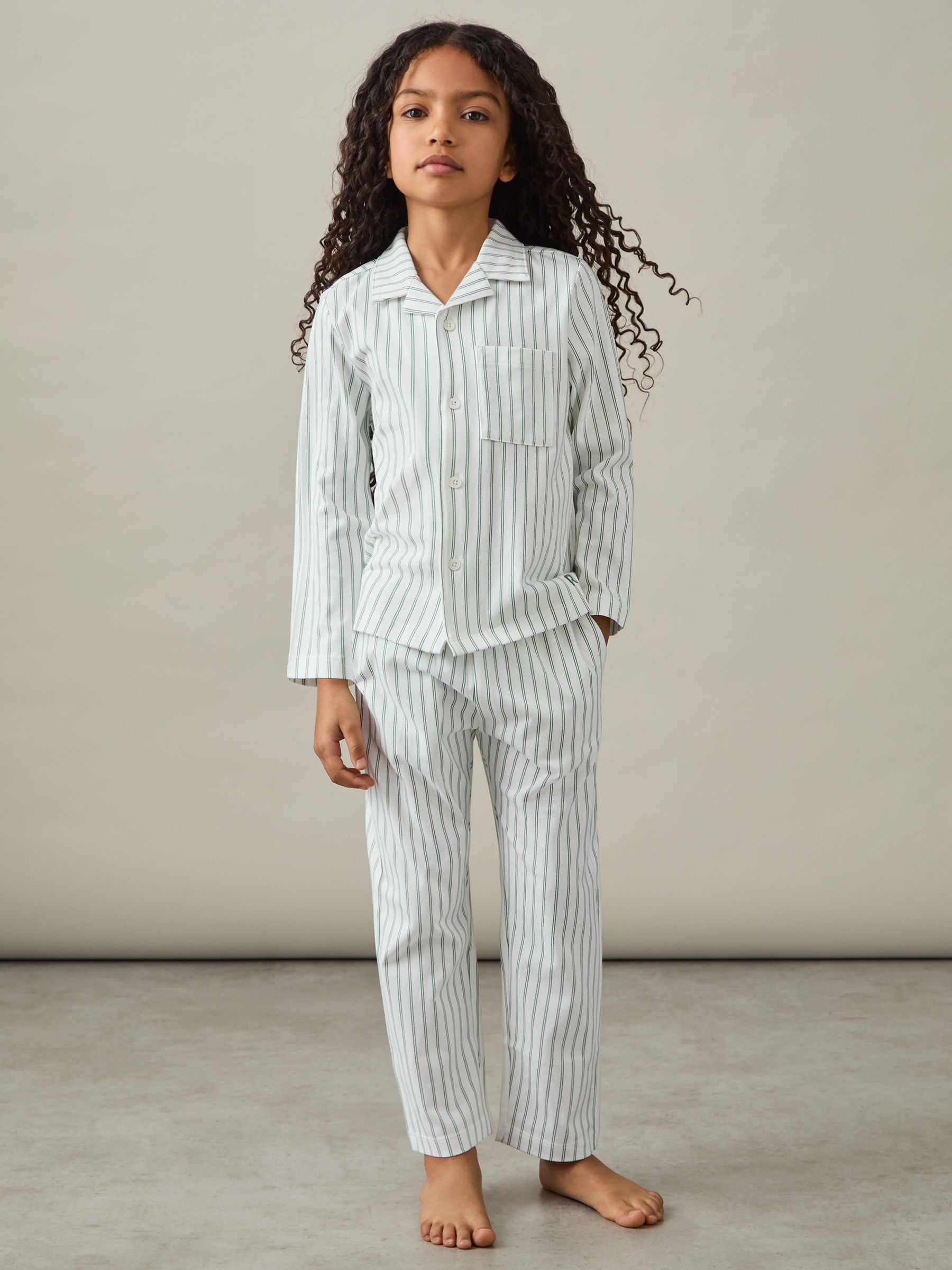 9-13 yrs Brushed-Cotton Striped Pyjama Set in Sage Green/White Stripe - Image 1 of 6