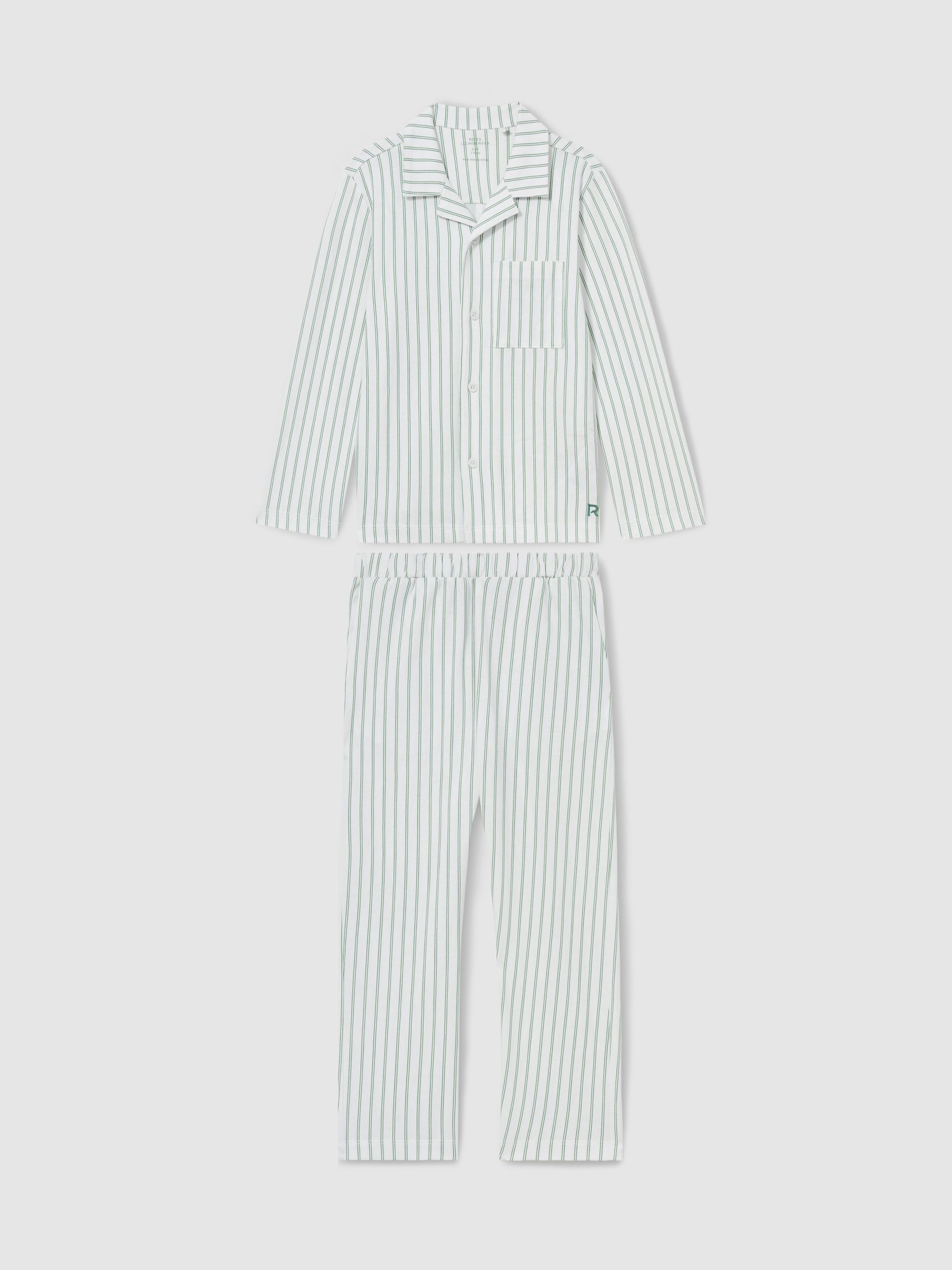 9-13 yrs Brushed-Cotton Striped Pyjama Set in Sage Green/White Stripe - Image 2 of 6
